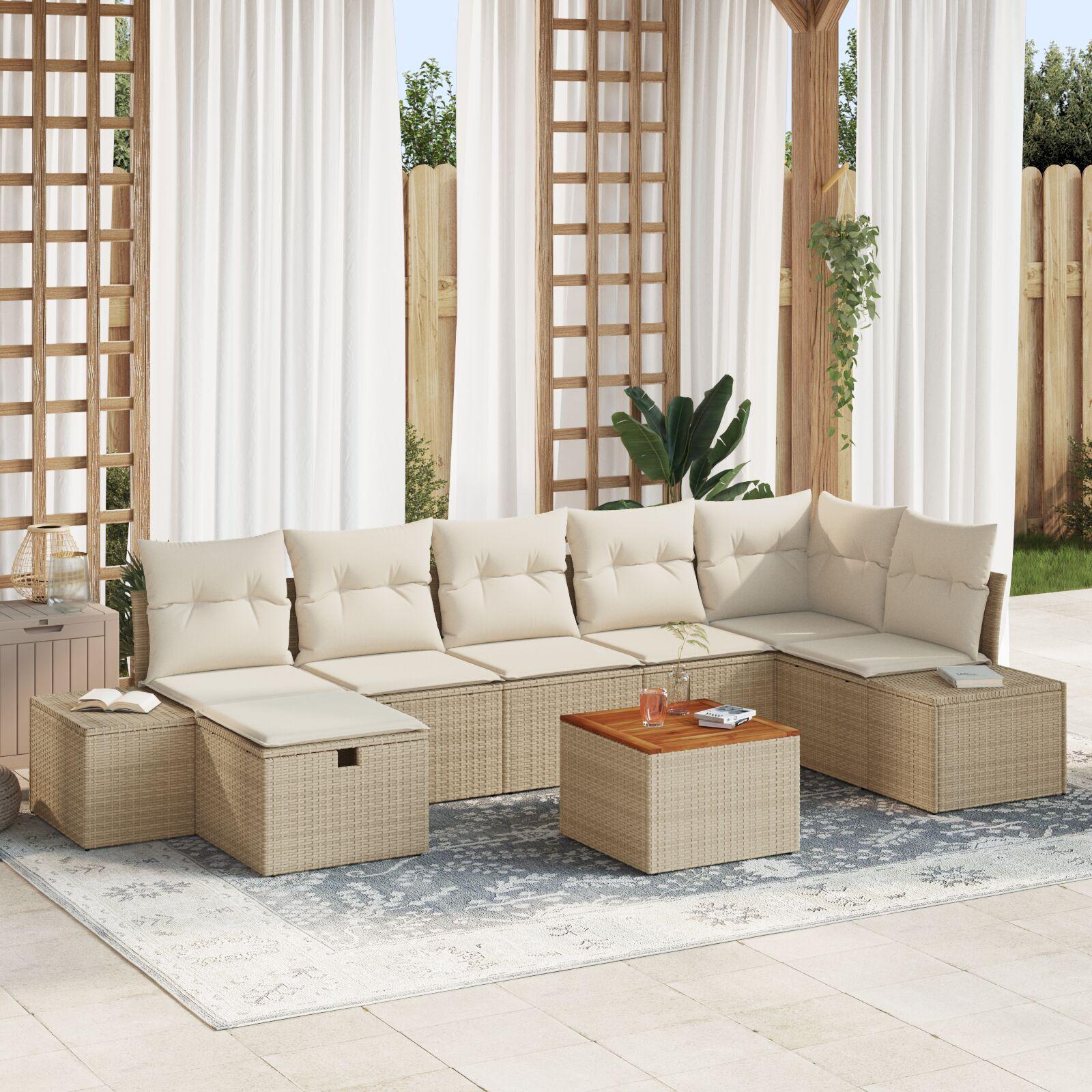 Havesofa Sæt med pude med opbevaring 8 stk Beige Poly rattan