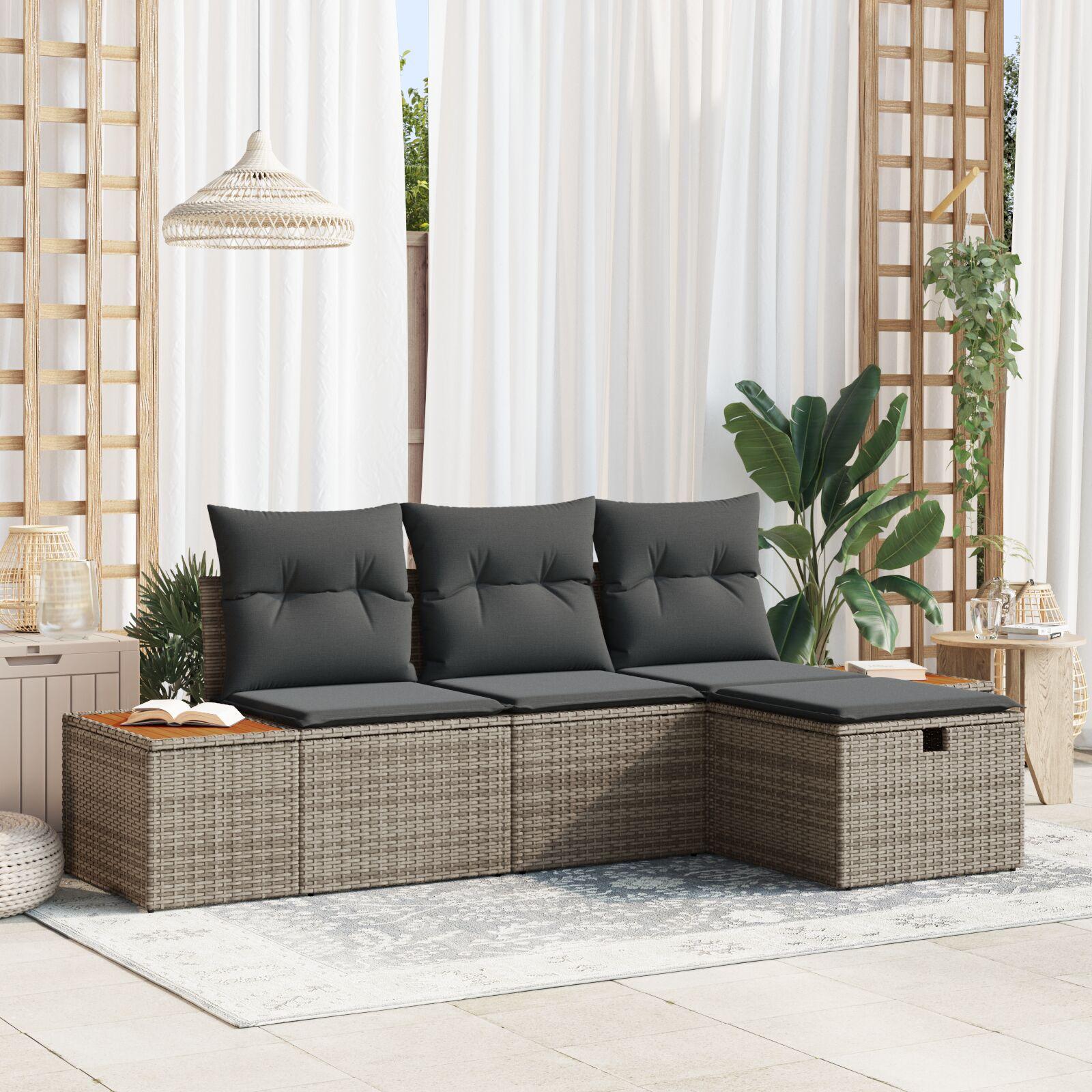 Havesofa Sæt med pude 4 stk Grå Poly rattan
