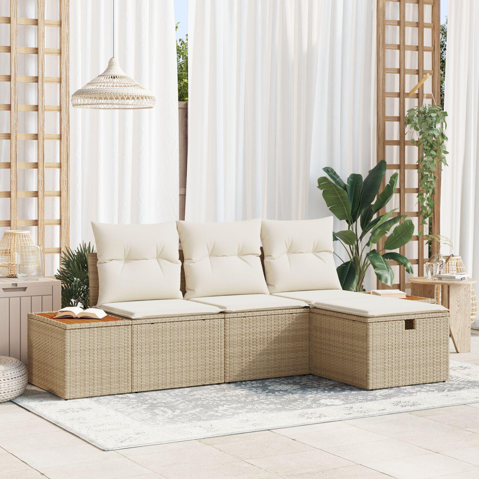 Havesofa sæt 4 dele med puder i beige polyrattan