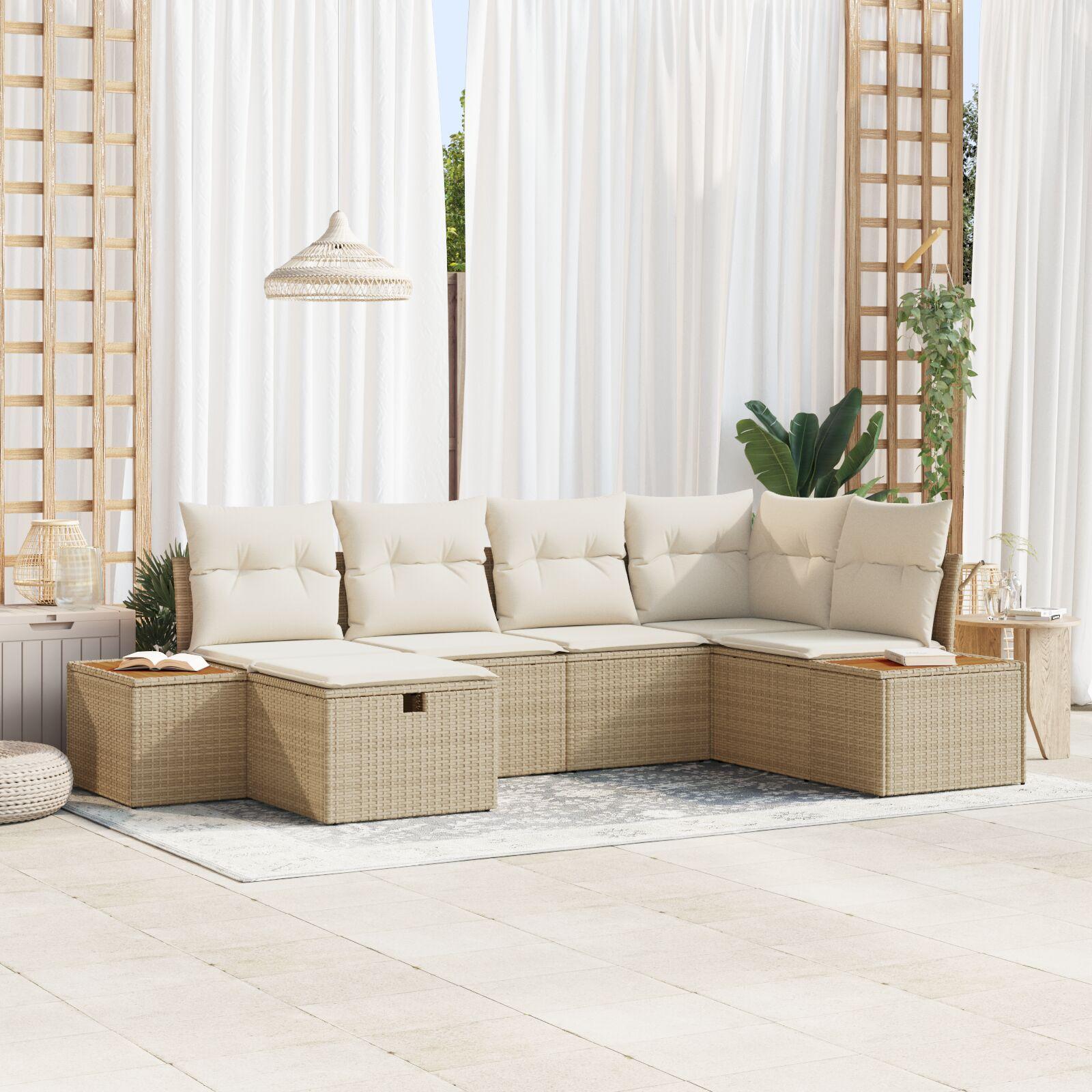 Havesofa sæt 6 dele med puder og opbevaring i beige polyrattan