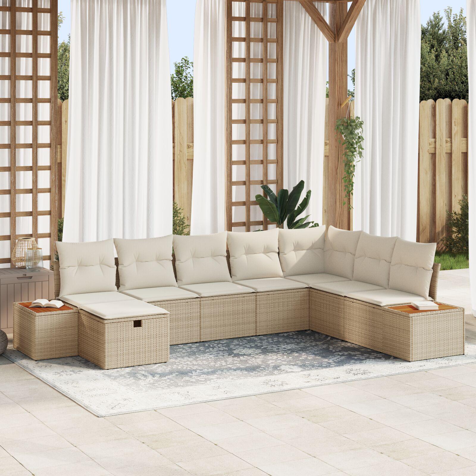 Havesofa-sæt i beige polyrattan - modulopbygget loungesæt, 9 dele