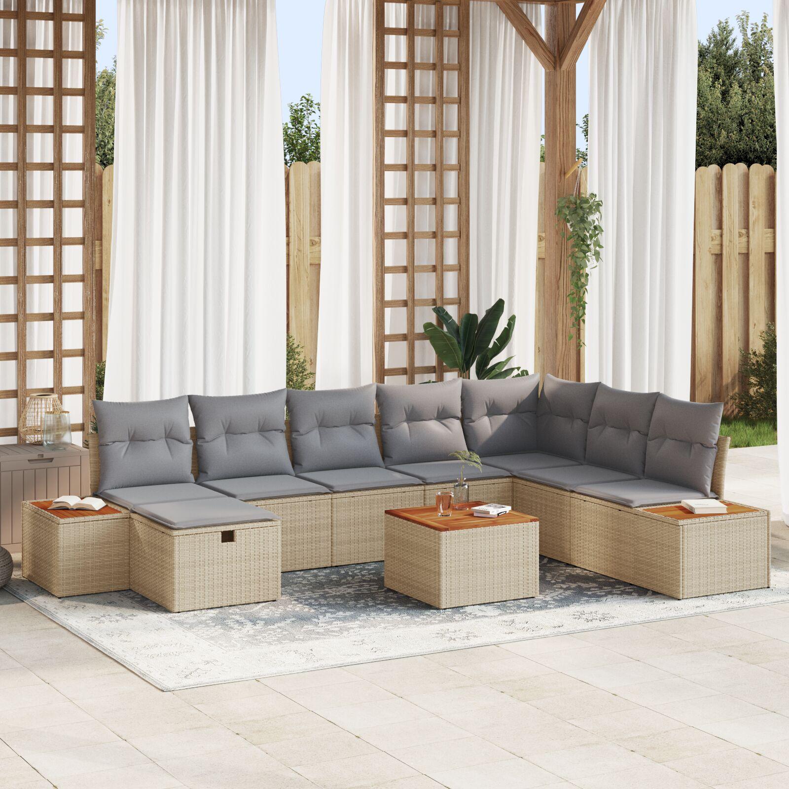 Havesofa Sæt Med Pude 9 Dele Polyrattan - Beige / Lysegrå