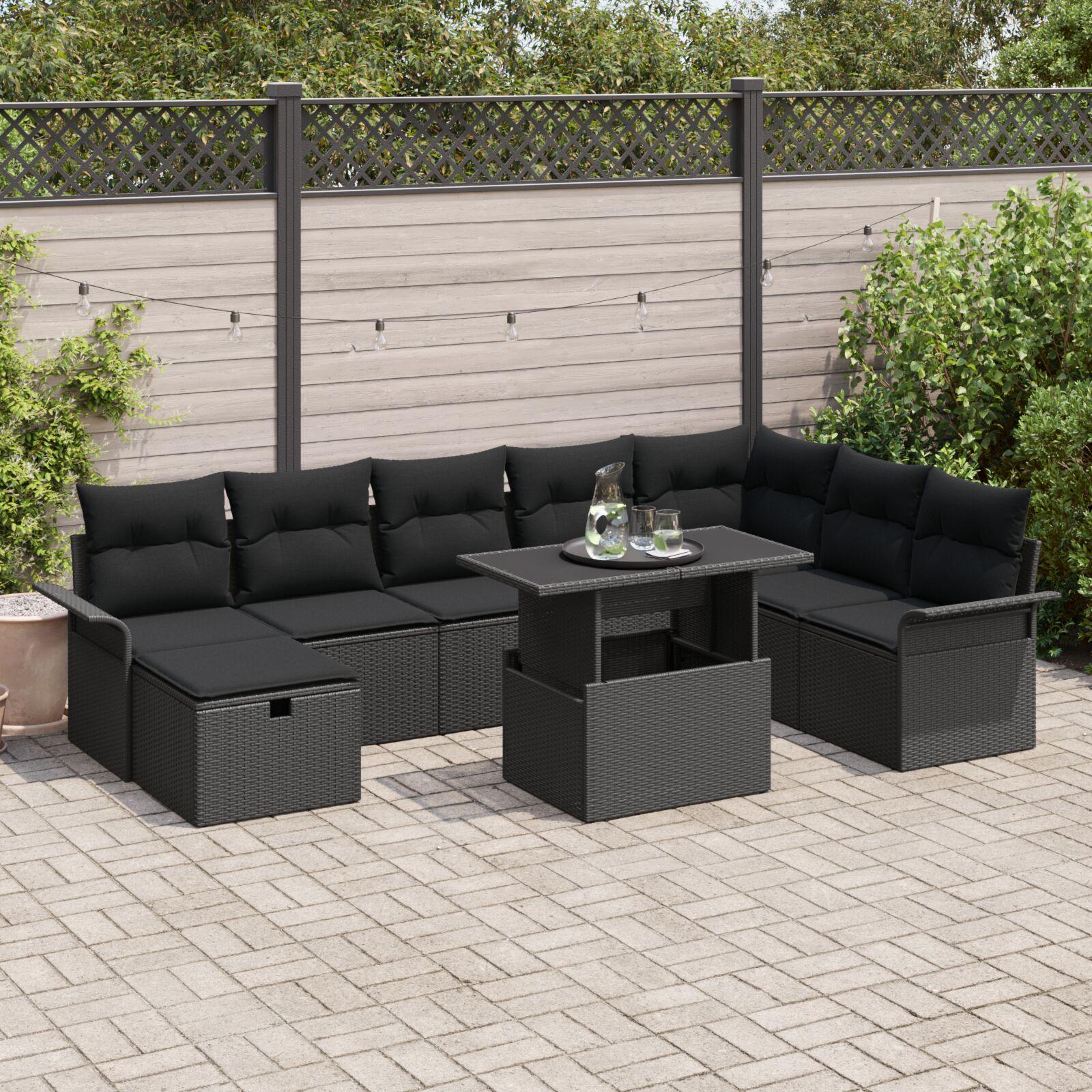 Havesofa SÃ¦t med pude med opbevaring 9 stk Sort Poly rattan