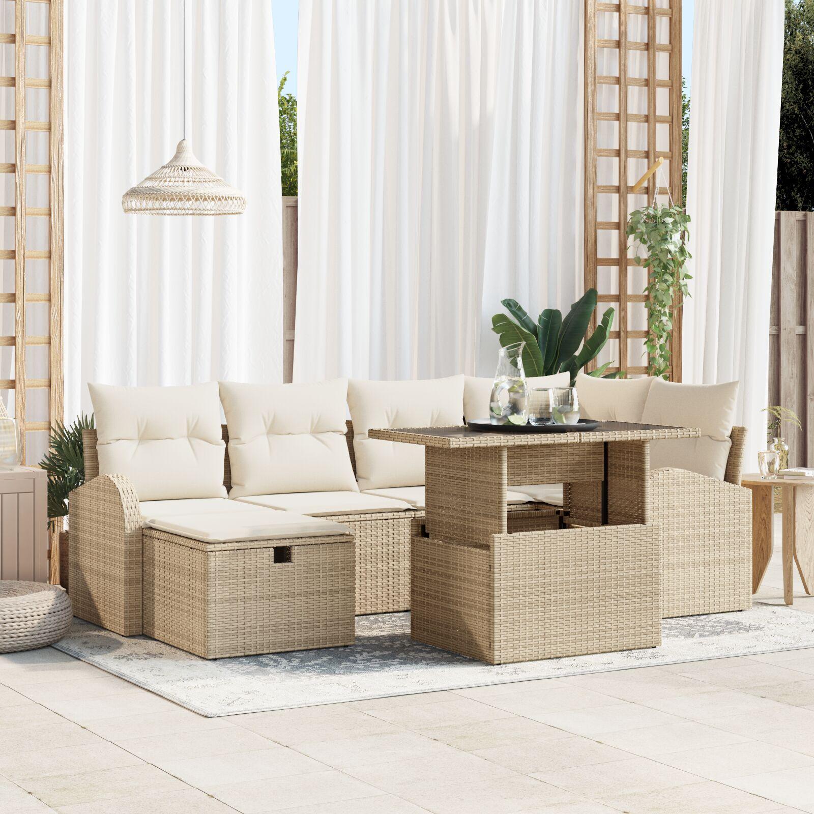 Havesofa Sæt med pude med opbevaring 7 stk Beige Poly rattan
