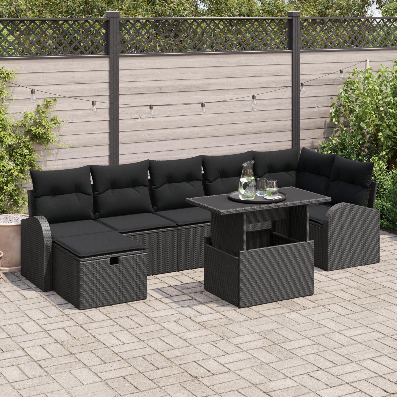 Havesofa SÃ¦t med pude med opbevaring 8 stk Sort Poly rattan