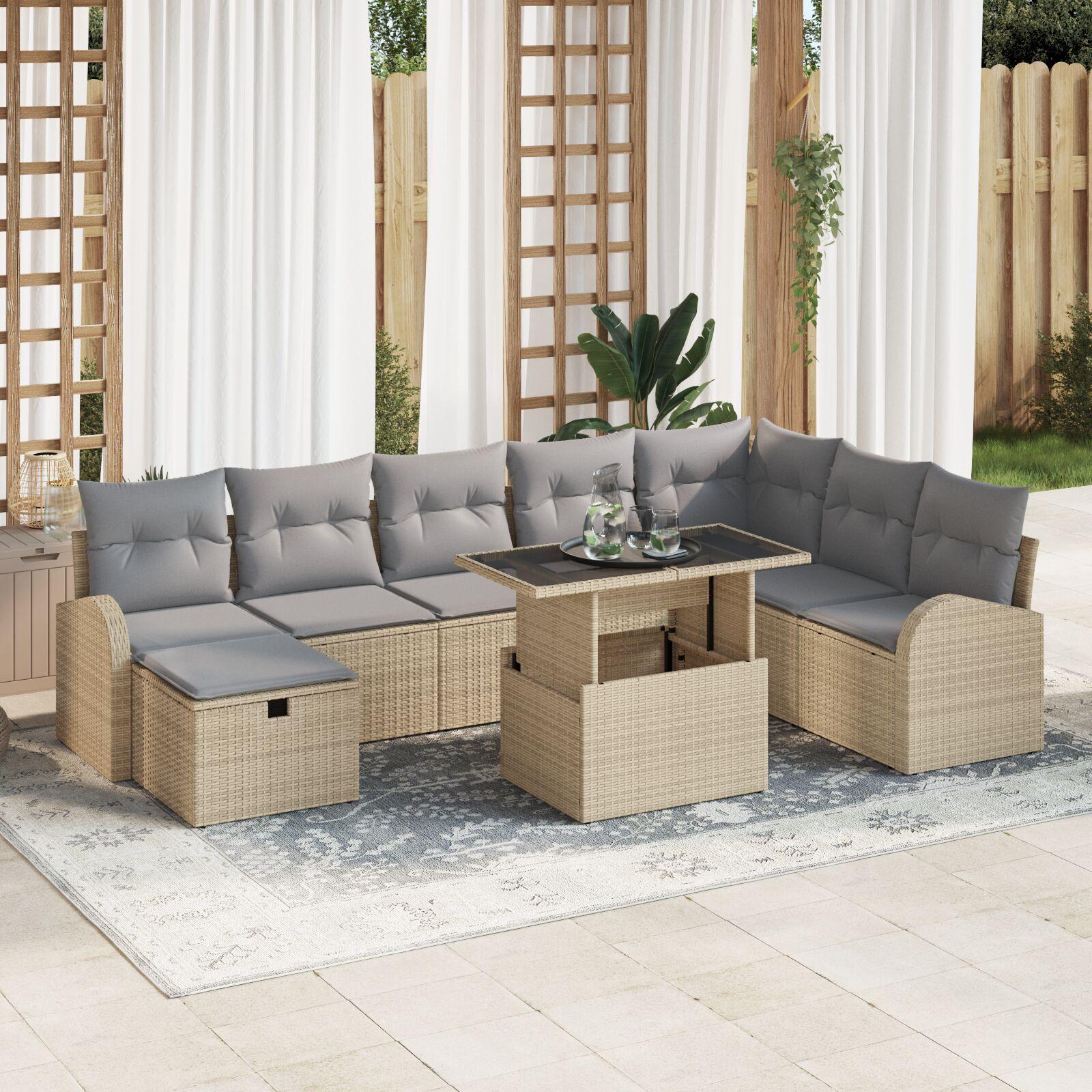Havesofa sæt 9 stk. i beige polyrattan med højdejusterbart bord