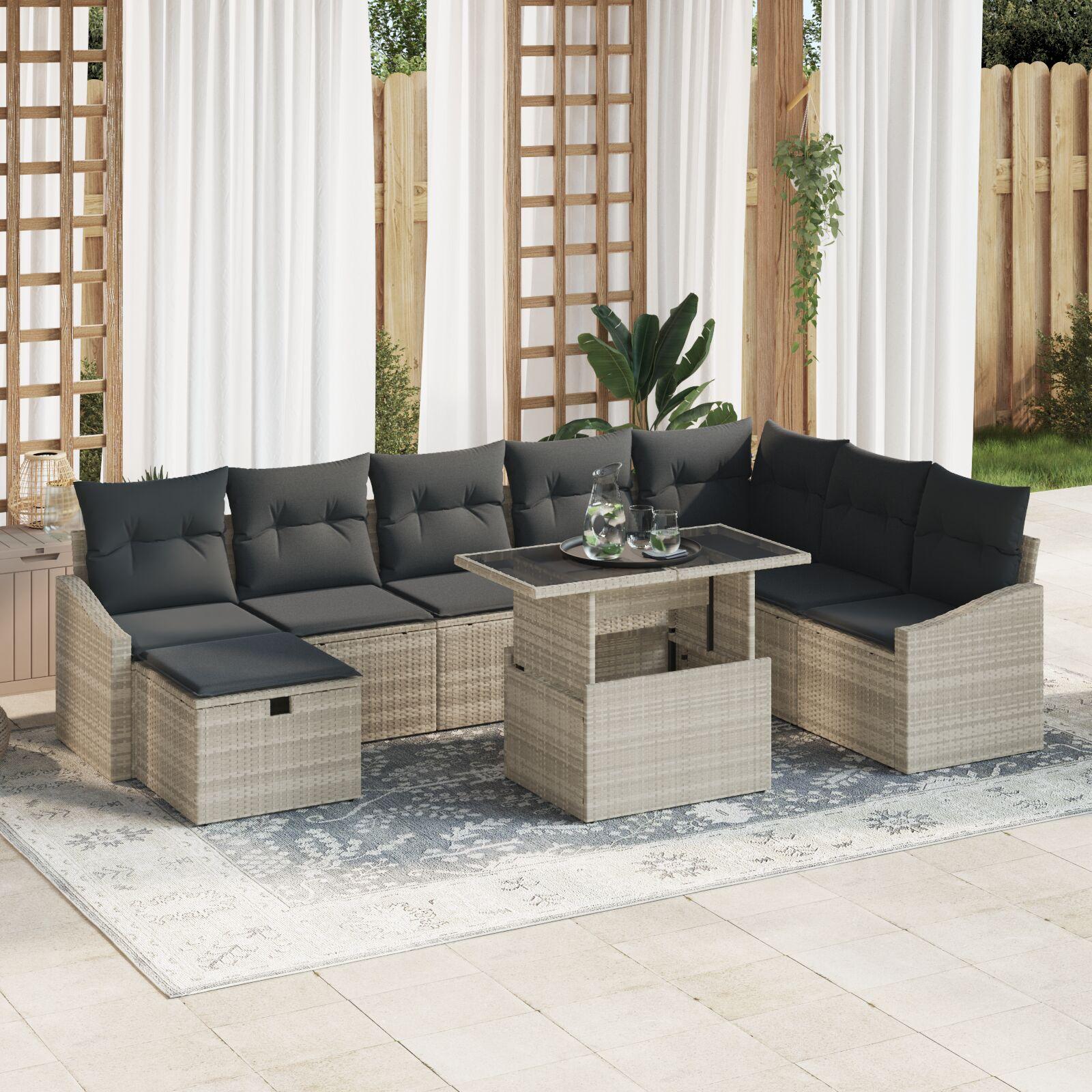 9 Delt Have Sofa Sæt Med Puder Lys Grå Poly Rattan