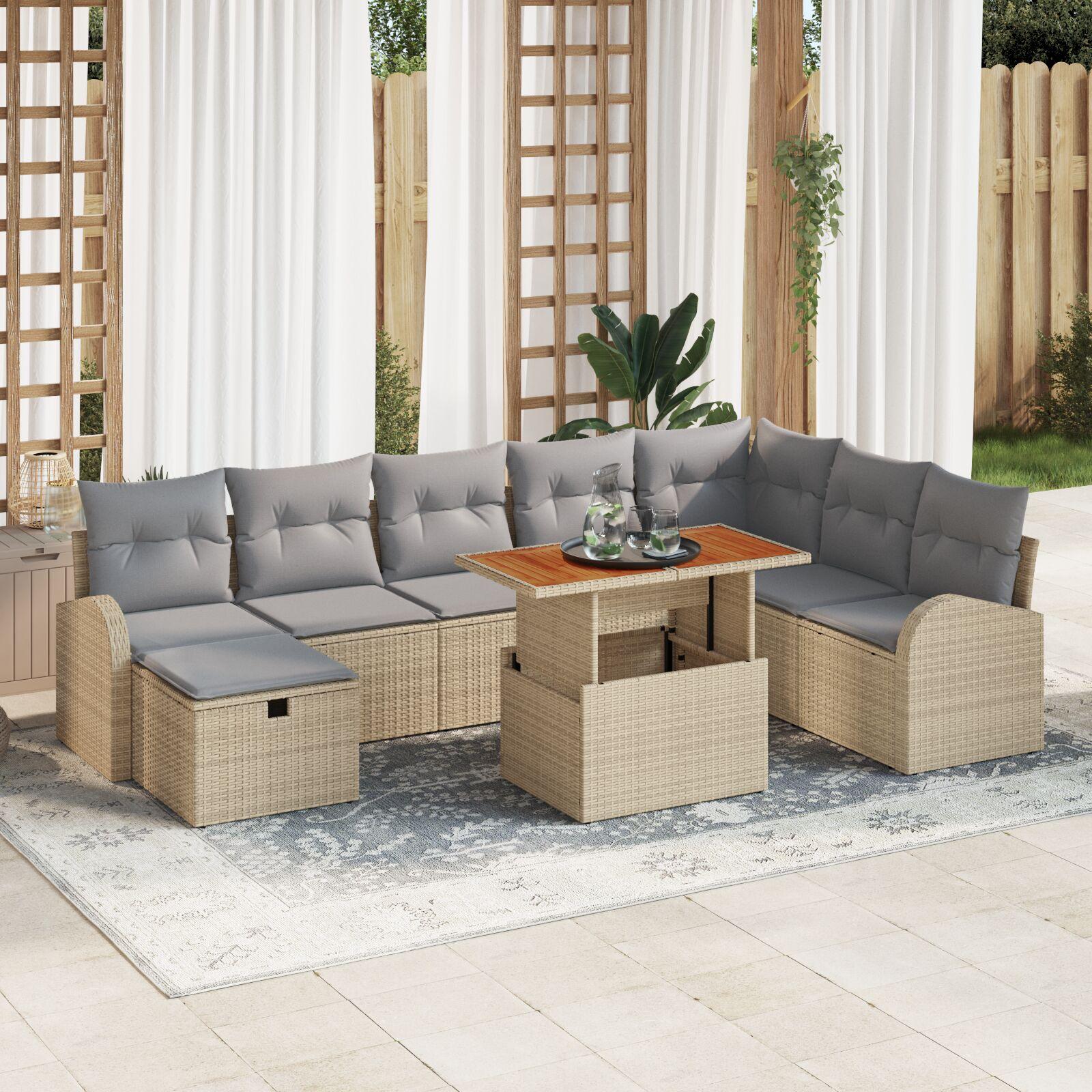 Havesofa sæt 9 stk. i beige polyrattan med højdejusterbart bord