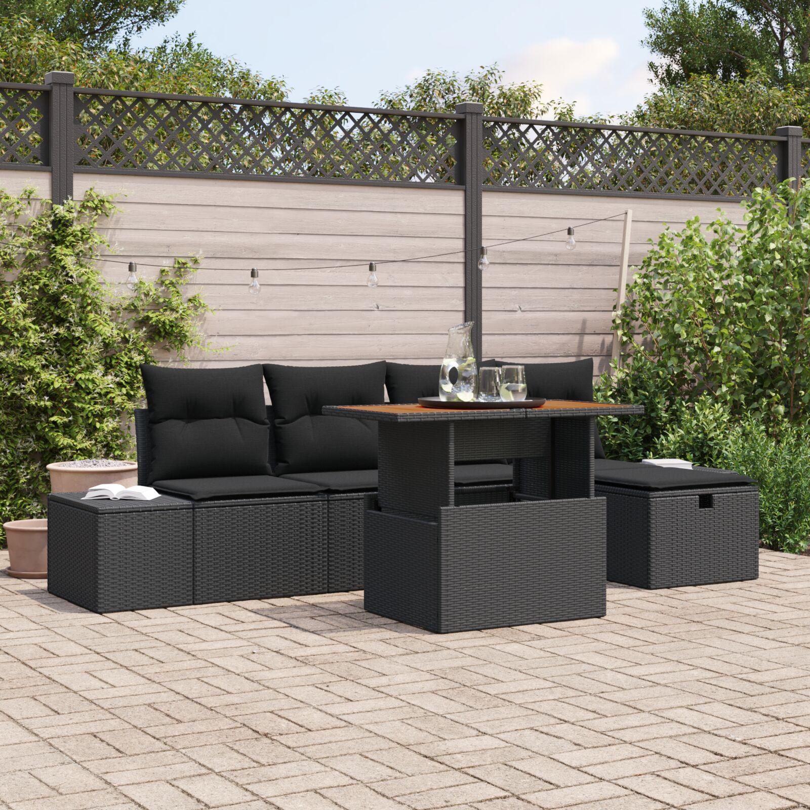 6-delers Have Sofa Set Med Puder Sort Poly Rattan