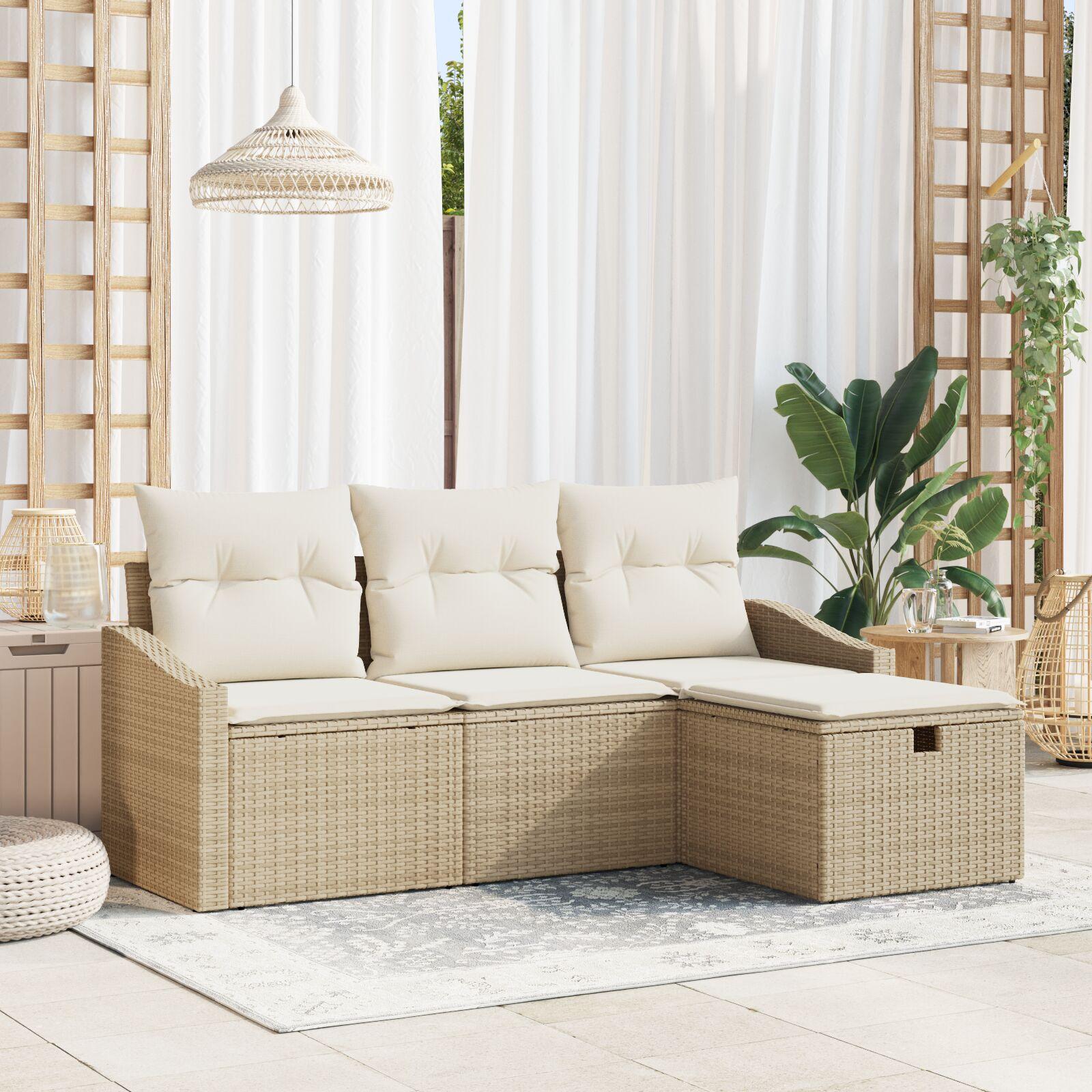 Havesofa Sæt med pude med opbevaring 4 stk Beige Poly rattan