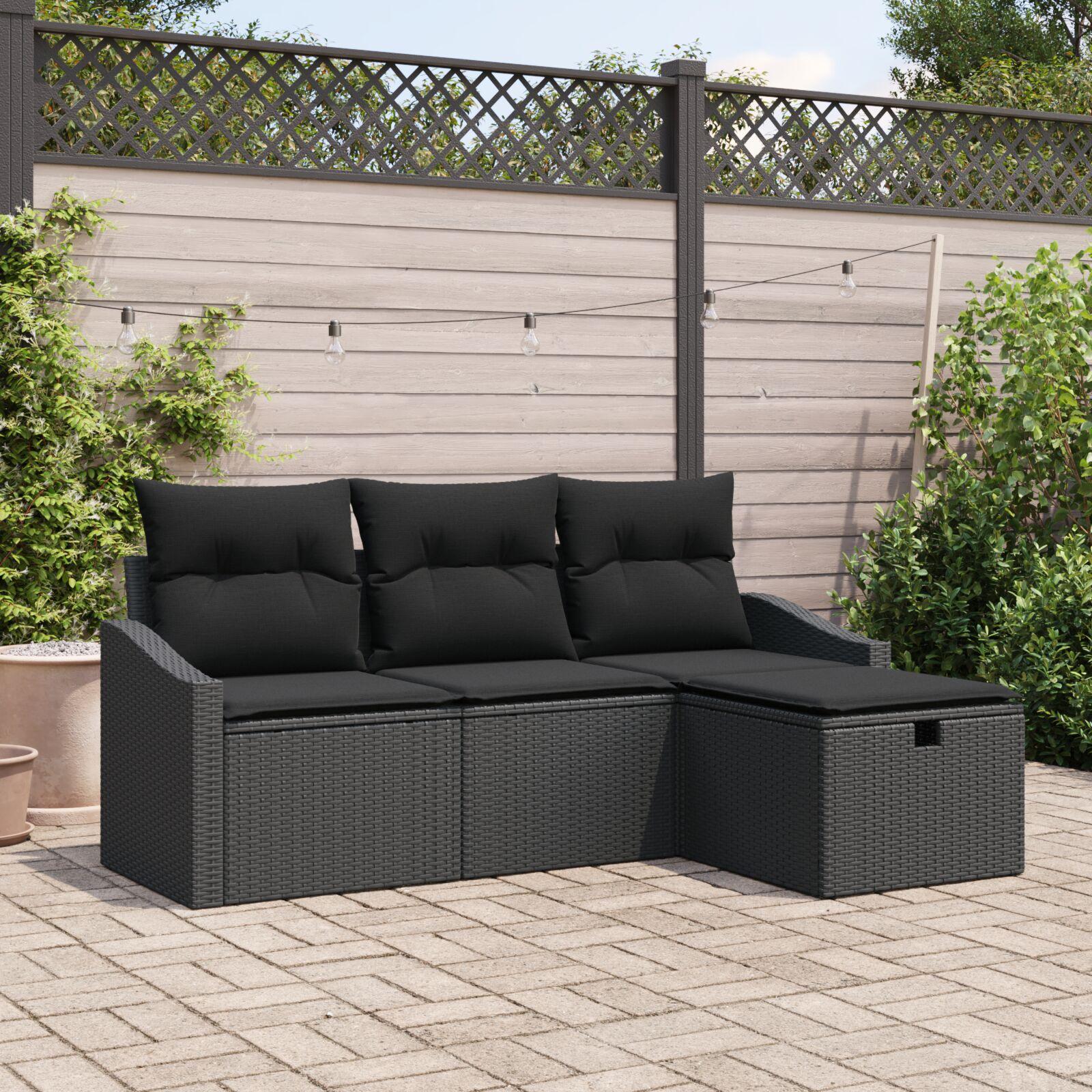 Havesofa Sæt med pude med opbevaring 4 stk Sort Poly rattan