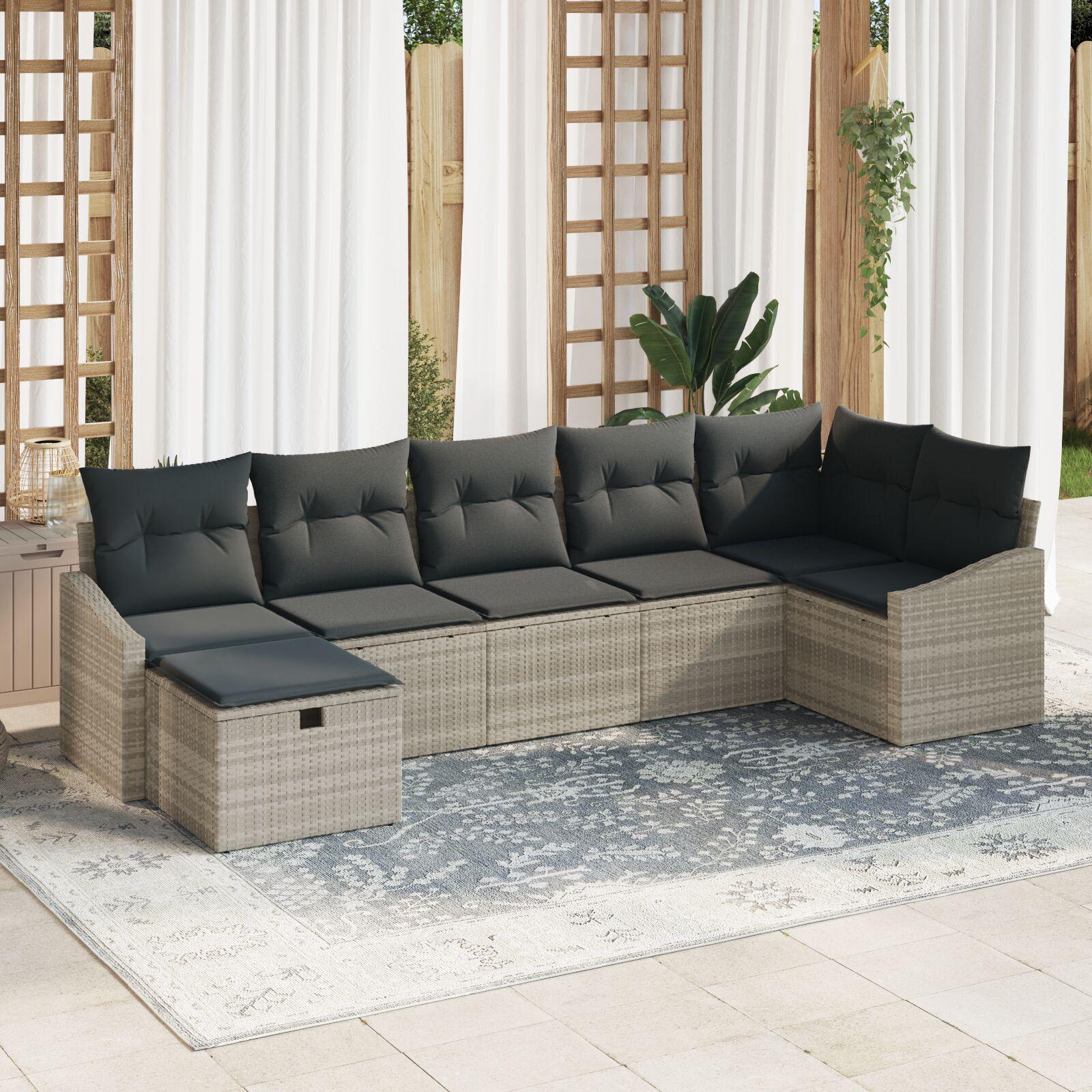 Havesofa Sæt med pude 7 stk Lysegrå 55 x 62 x 69 cm Poly rattan