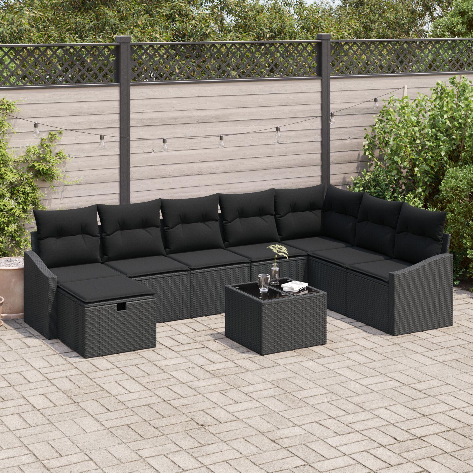 Havesofa Sæt med pude 9 stk Sort 55 x 62 x 69 cm Poly rattan