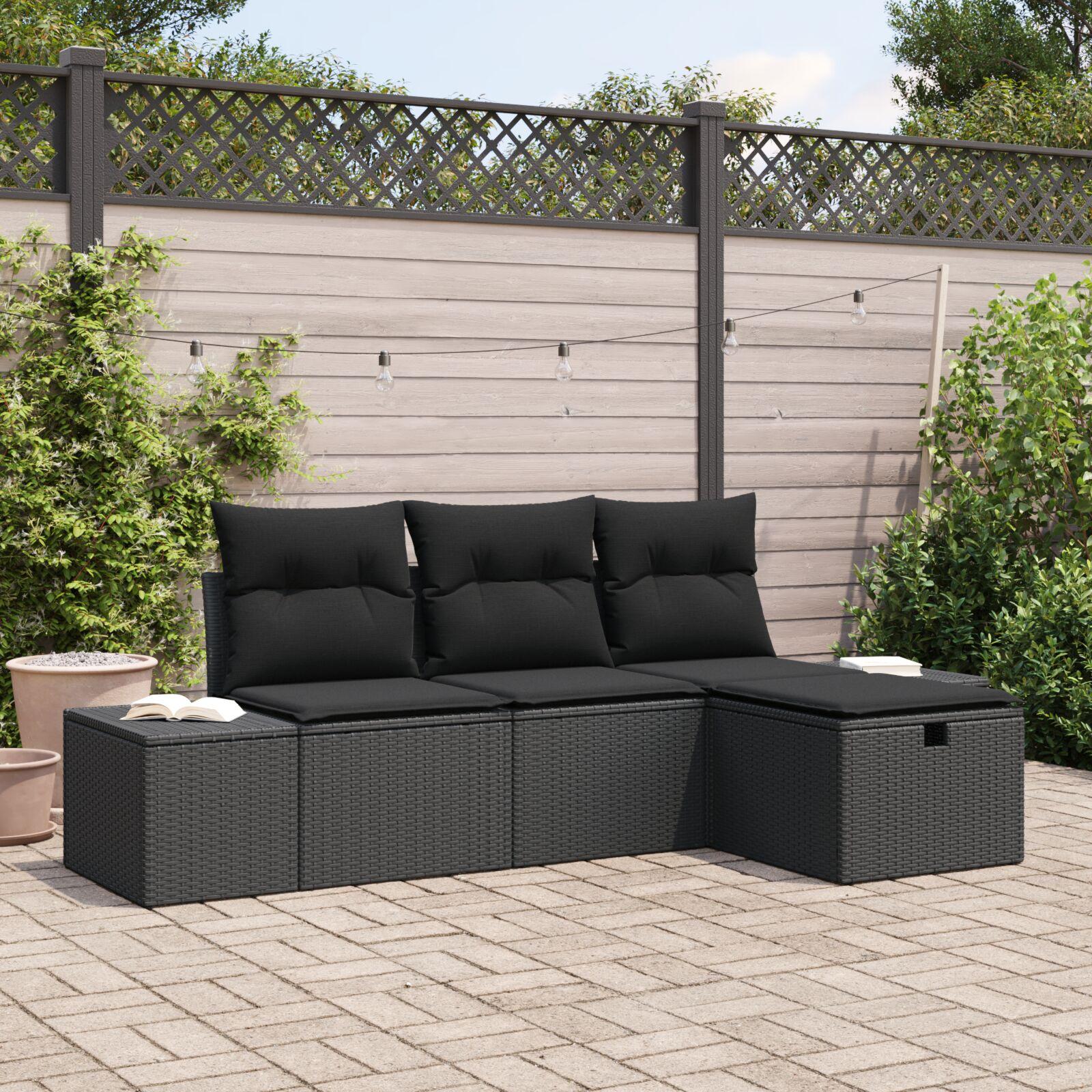 Havesofa Sæt med pude 4 stk Sort 55 x 62 x 69 cm Poly rattan