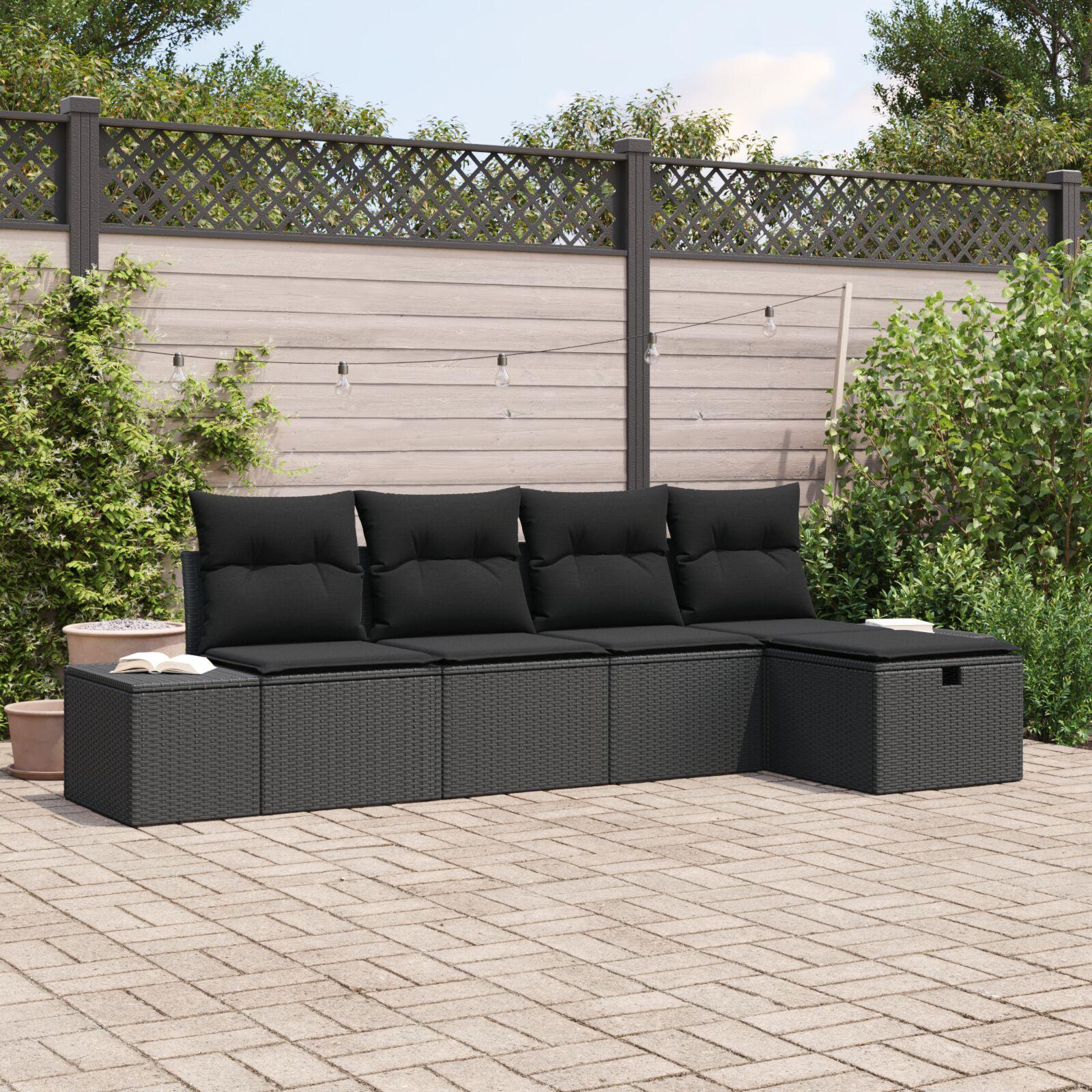Havesofa Sæt med pude 5 stk Sort 55 x 62 x 69 cm Poly rattan