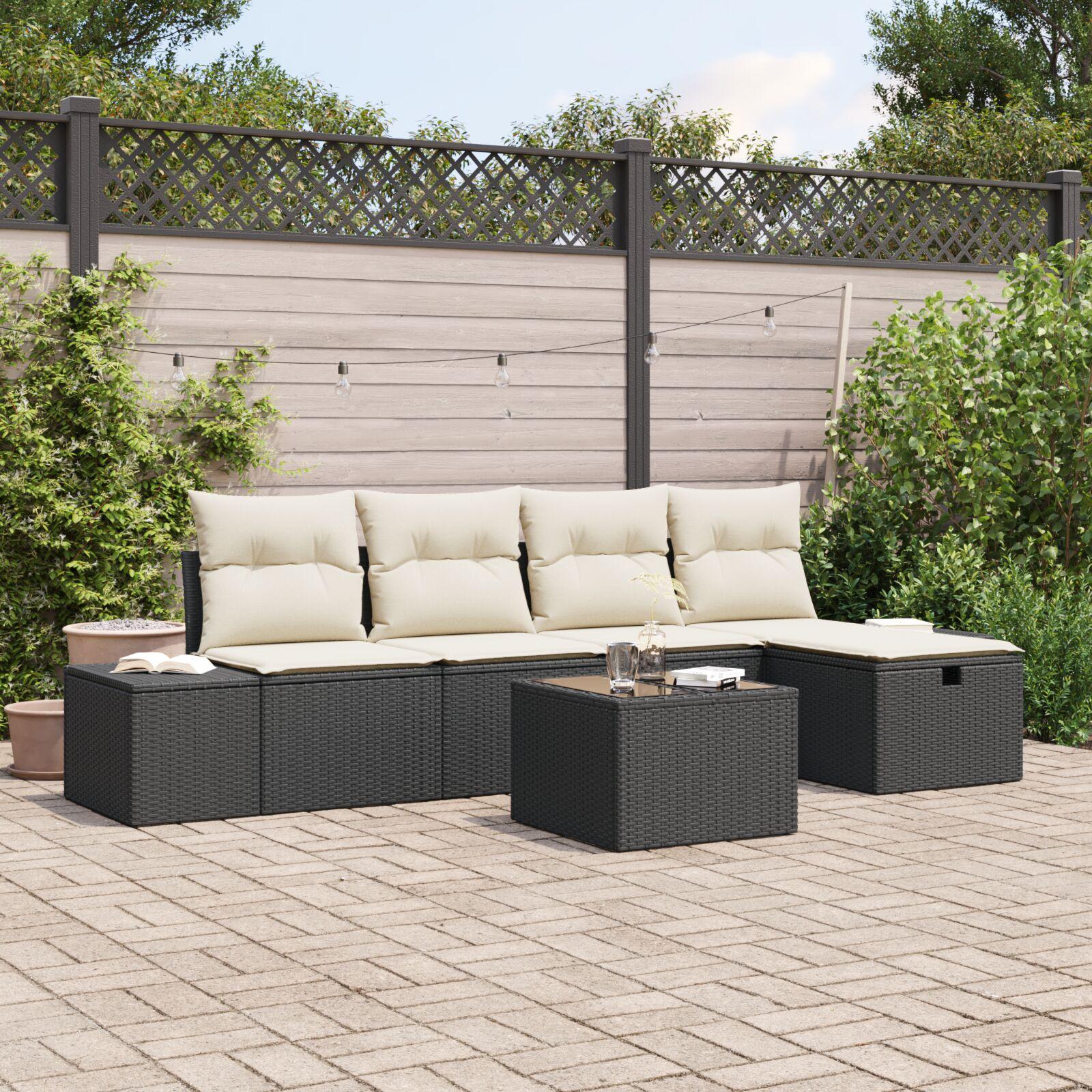 Havesofa Sæt med pude 6 stk Sort 55 x 62 x 69 cm Poly rattan