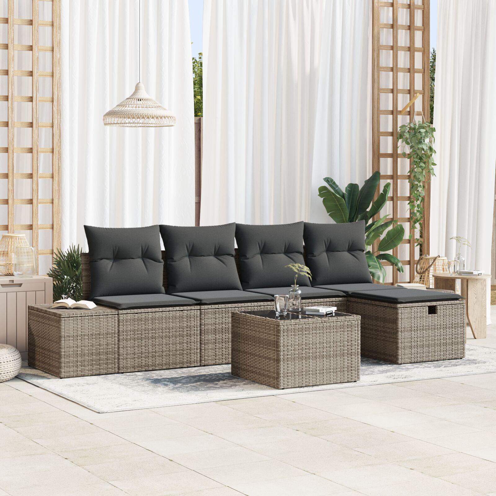 Havesofa Sæt med pude 6 stk Grå 55 x 62 x 69 cm Poly rattan