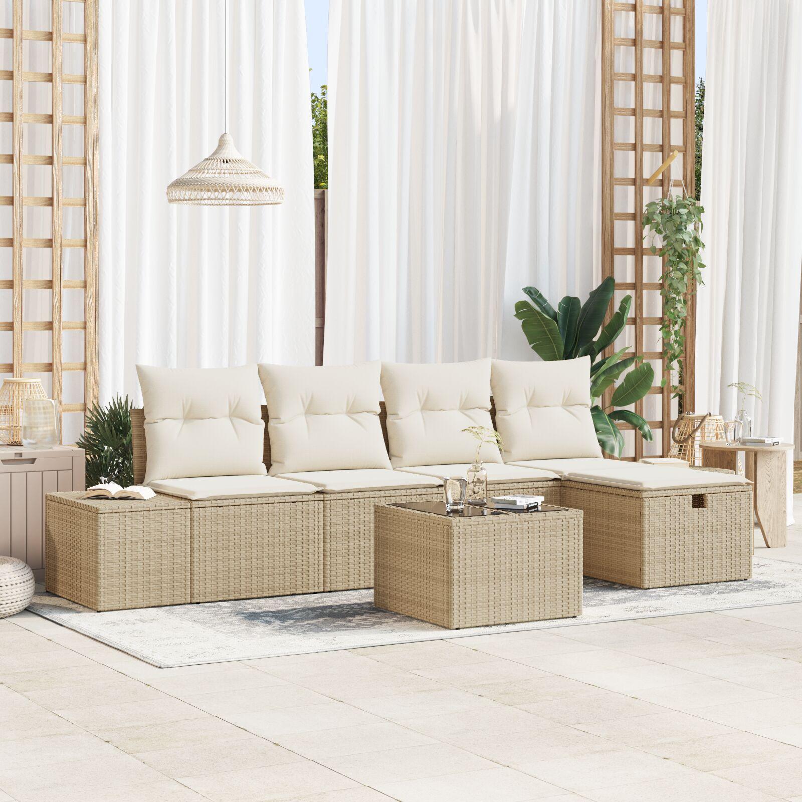 Havesofa Sæt med pude 6 stk Beige 55 x 62 x 69 cm Poly rattan
