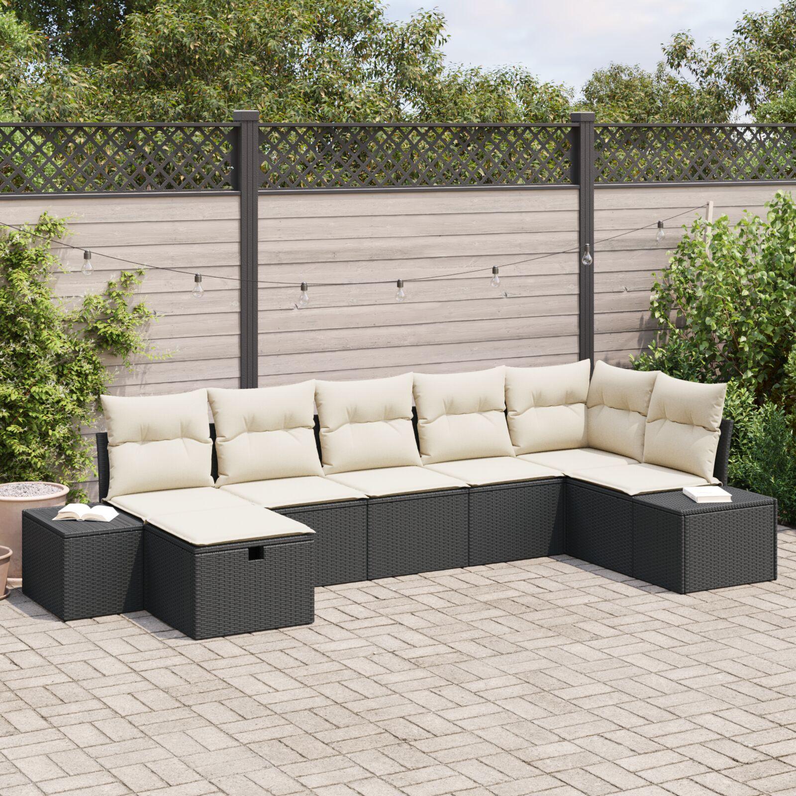 Havesofa Sæt med pude 7 stk Sort 55 x 62 x 69 cm Poly rattan