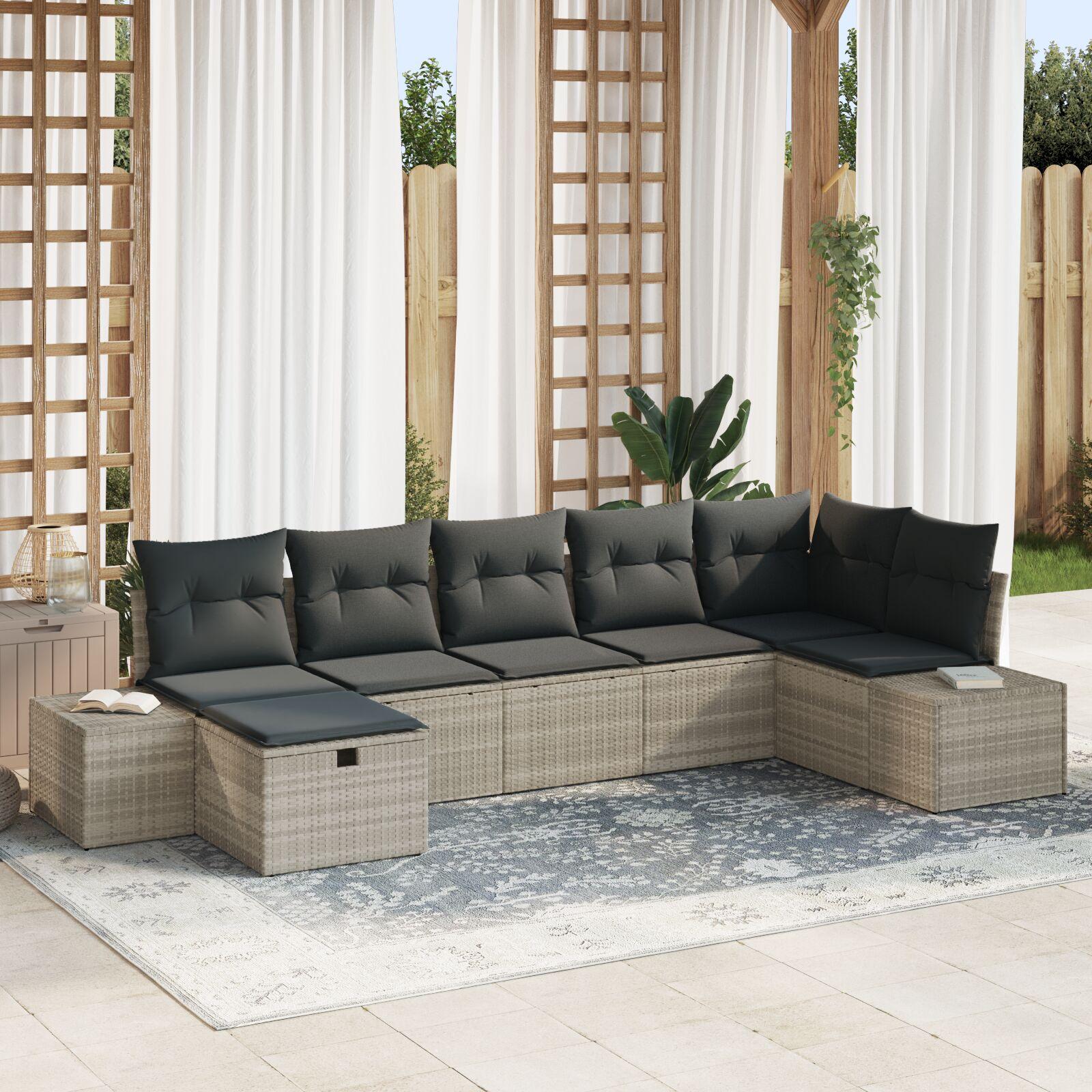 Havesofa Sæt med pude 7 stk Lysegrå 55 x 62 x 69 cm Poly rattan