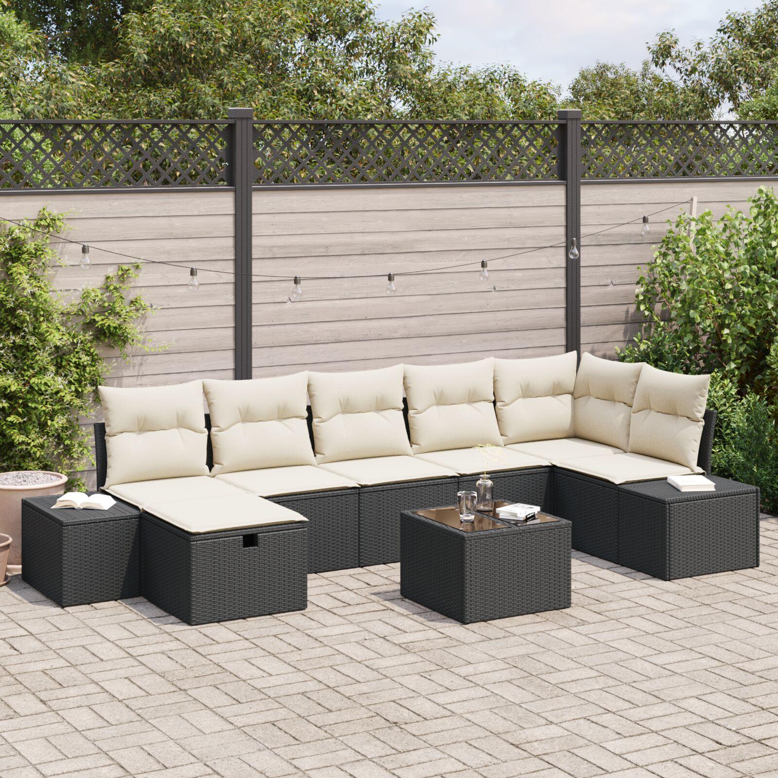 Havesofa Sæt med pude 8 stk Sort 55 x 62 x 69 cm Poly rattan