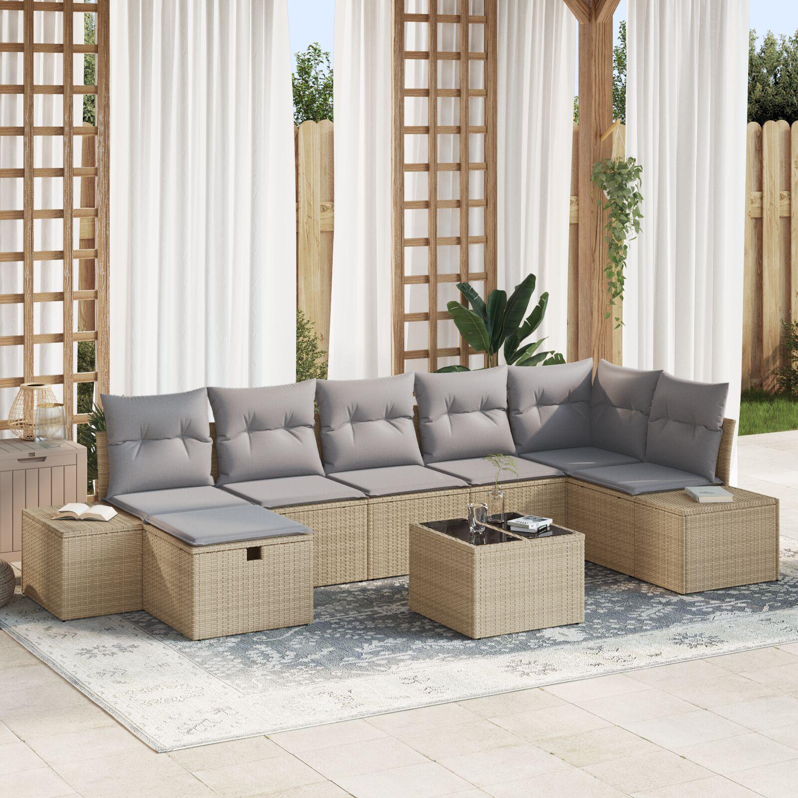 Havesofa Sæt med pude 8 stk Beige 55 x 62 x 69 cm Poly rattan