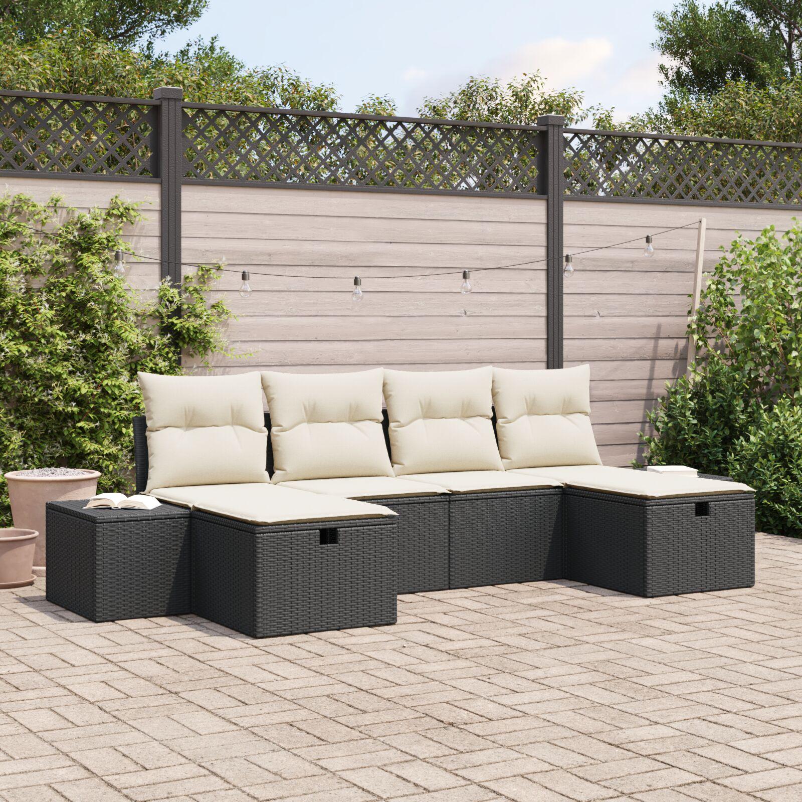 Havesofa Sæt med pude 6 stk Sort 55 x 62 x 69 cm Poly rattan