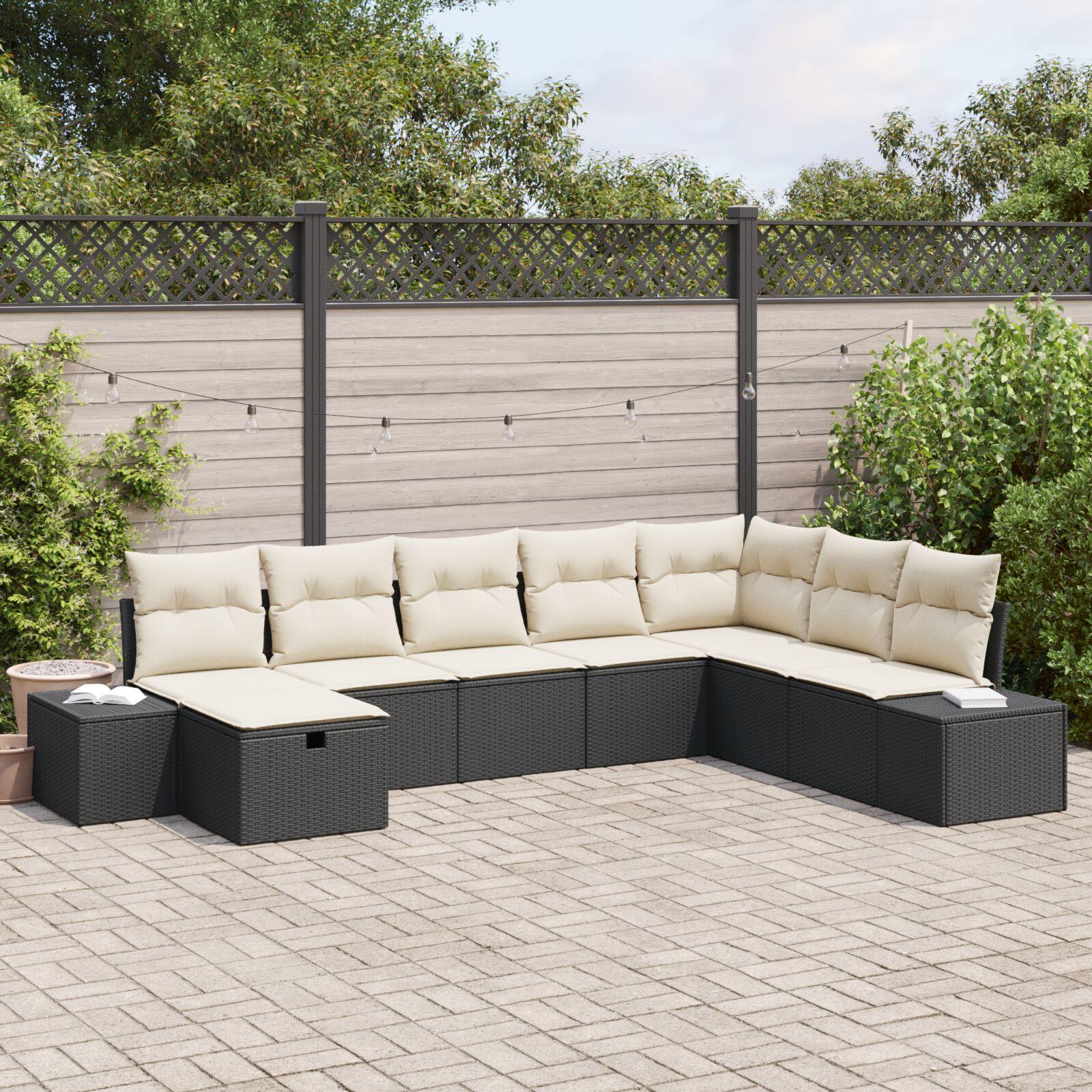 Havesofa Sæt med pude 8 stk Sort Poly rattan