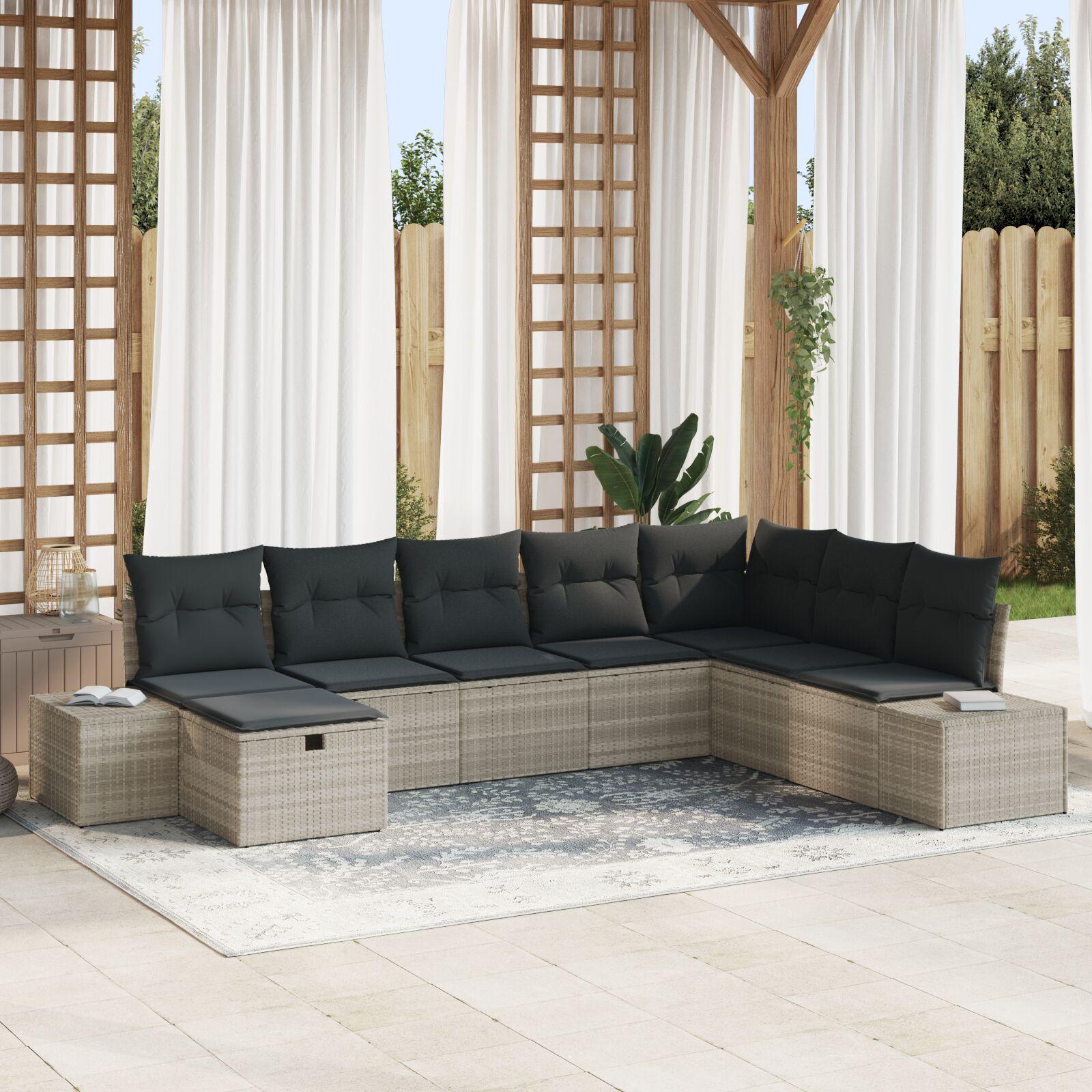 Havesofa sæt 8 stk. i lysegrå polyrattan til terrasse og have