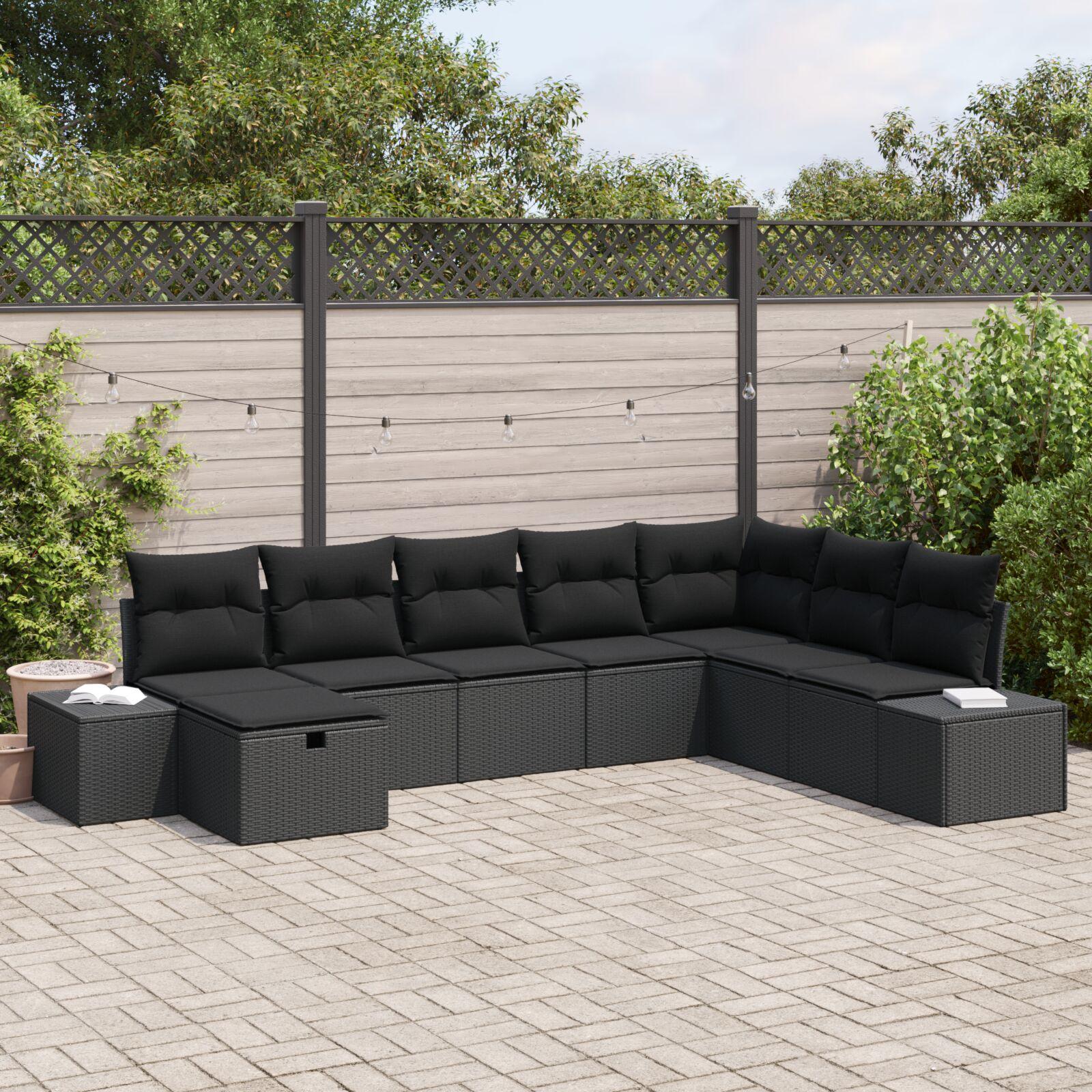 Havesofa Sæt Med Pude 8 Dele Poly Rattan - Sort / Sort