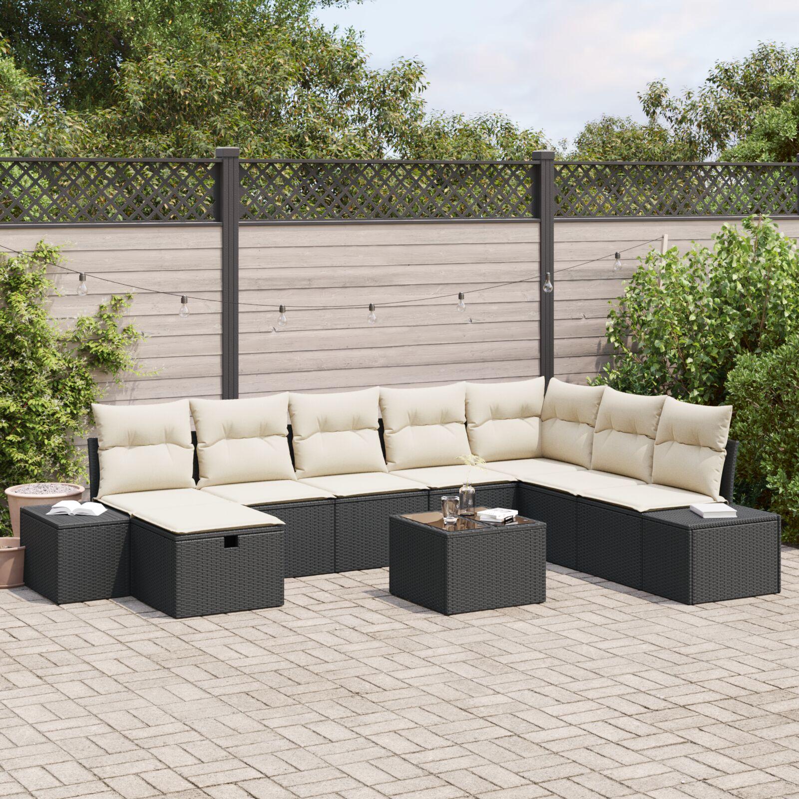 Havesofa Sæt med pude 9 stk Sort Poly rattan