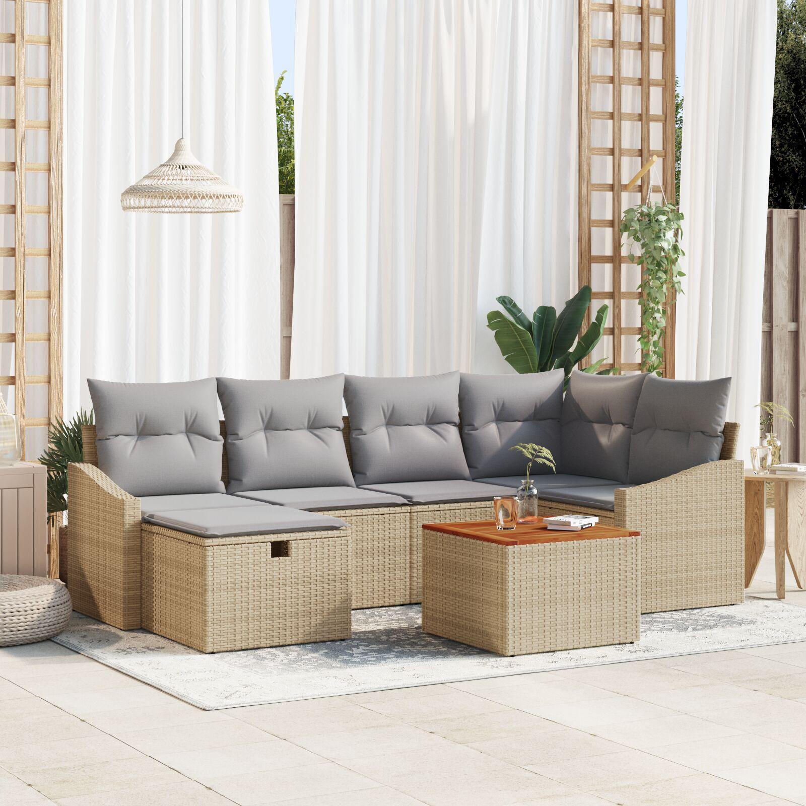 Havesofa Sæt med pude med opbevaring 7 stk Beige Poly rattan