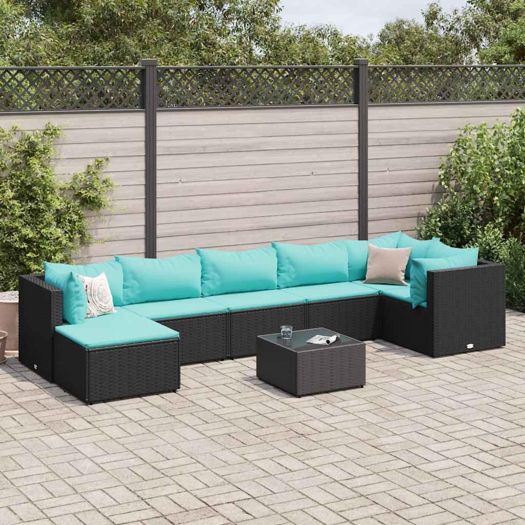 Loungesæt Til Haven 7 Dele Med Hynder Polyrattan - Sort og blå / 3x hjørnedel 3x midterdel bord fodskammel