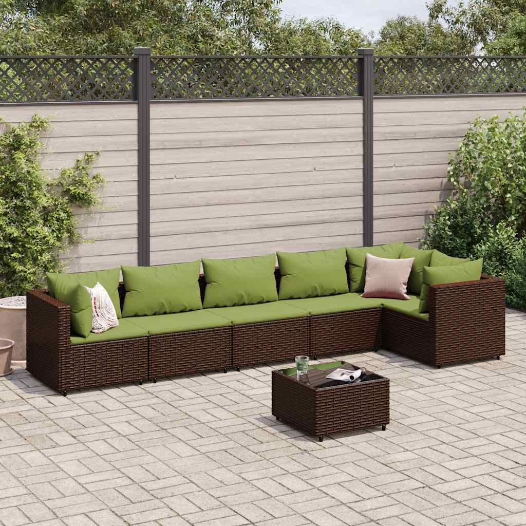 Loungesæt til haven - 7 dele i brun polyrattan med grønne hynder