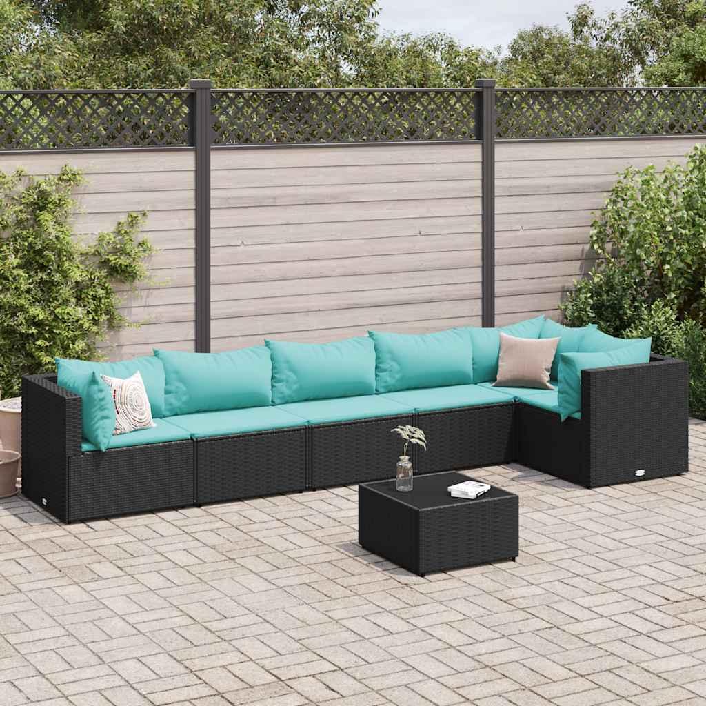 Loungesæt Til Haven 6 Dele Med Hynder Polyrattan Brun - Sort og blå / 3x hjørnedel 3x midterdel bord