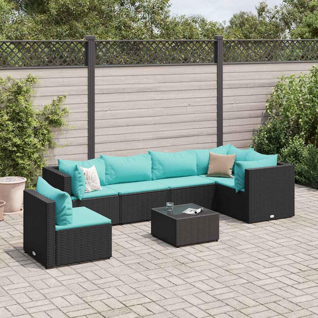 Loungesæt Til Haven 5 Dele Med Hynder Polyrattan Sort - Sort og blå / 3x hjørnedel 3x midterdel bord