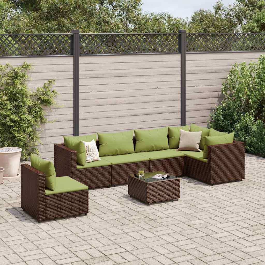 Loungesæt til haven 7 dele med hynder i polyrattan - brun/grøn