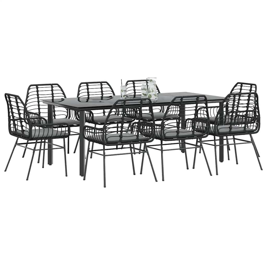 9 dele spisebordssæt til haven m. hynder polyrattan glas sort