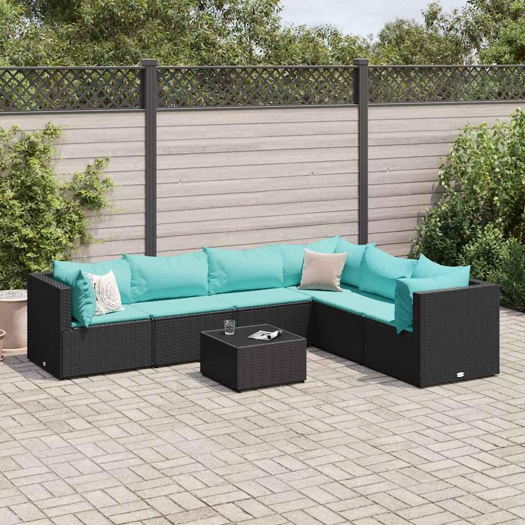 Loungesæt Til Haven 6 Dele Med Hynder Polyrattan Brun - Sort og blå / 3x hjørnedel 3x midterdel bord