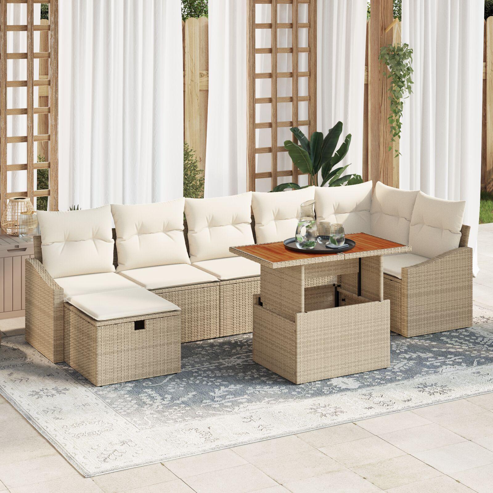 Havesofa sæt i beige polyrattan - 8 dele, modulopbygget lounge
