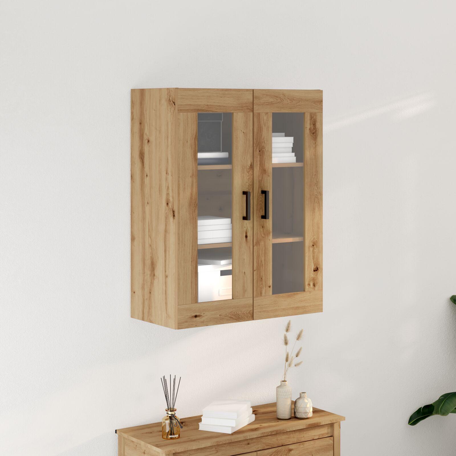 Vægskab i artisan egetræ - 69,5 × 34 × 90 cm, konstrueret træ med glaslåger