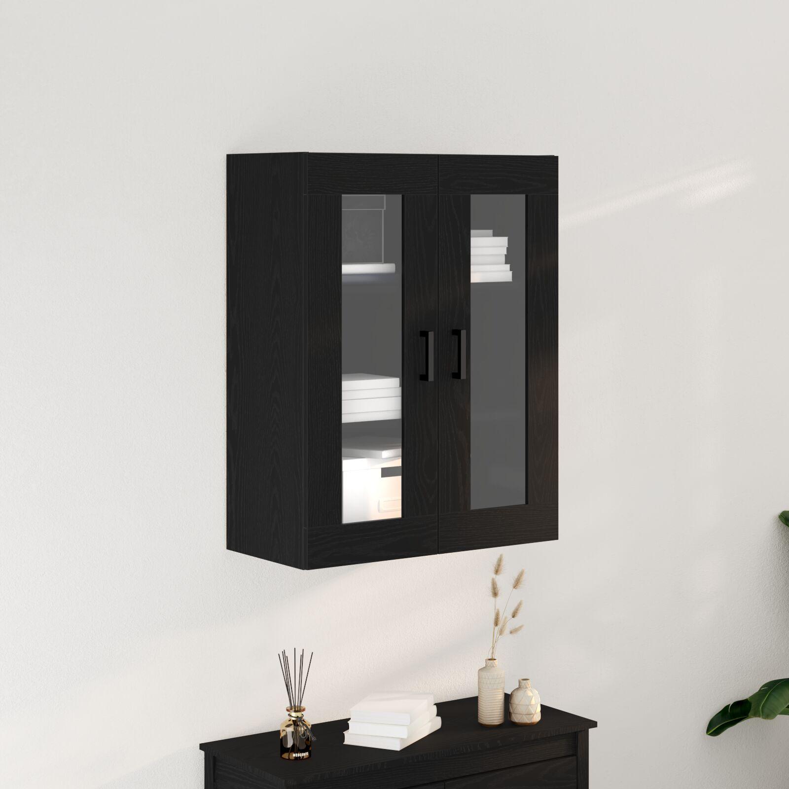 Vægmonteret Kabinet med Glasdøre Sort Eg 69.5x34x90 cm