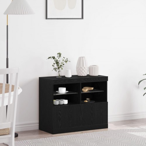 Sideboard med LED lys Sort Eg 81x37x67 cm