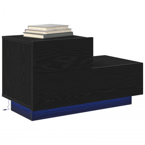 Sengebord med LED Lys Sort Egetræ 70x36x40.5 cm