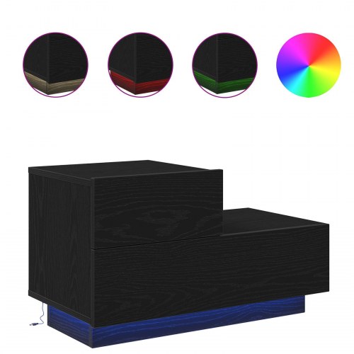 Sengebord med LED Lys Sort Egetræ 70x36x40.5 cm