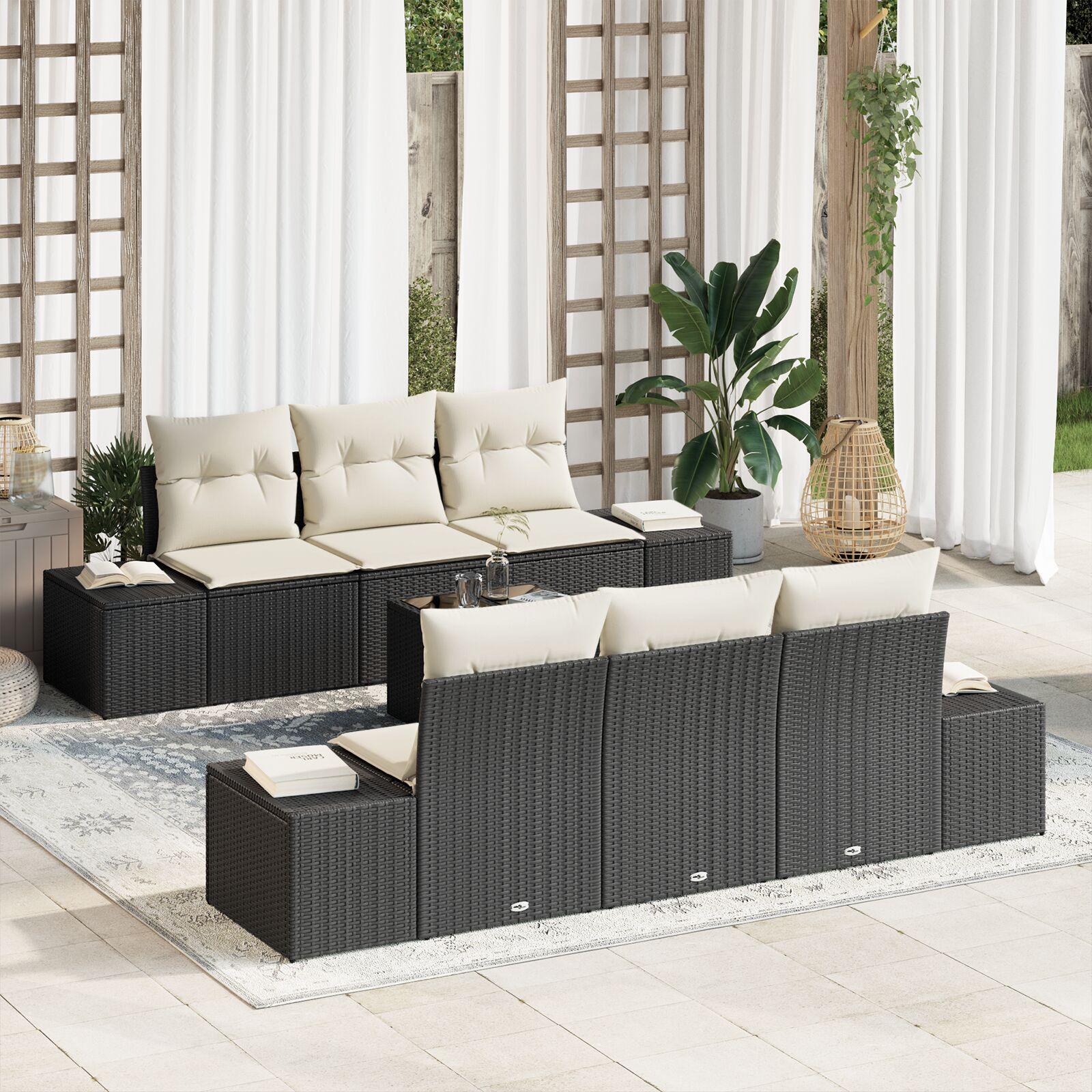 Havesofa sæt i sort polyrattan - modulært 7-delt loungesæt med puder