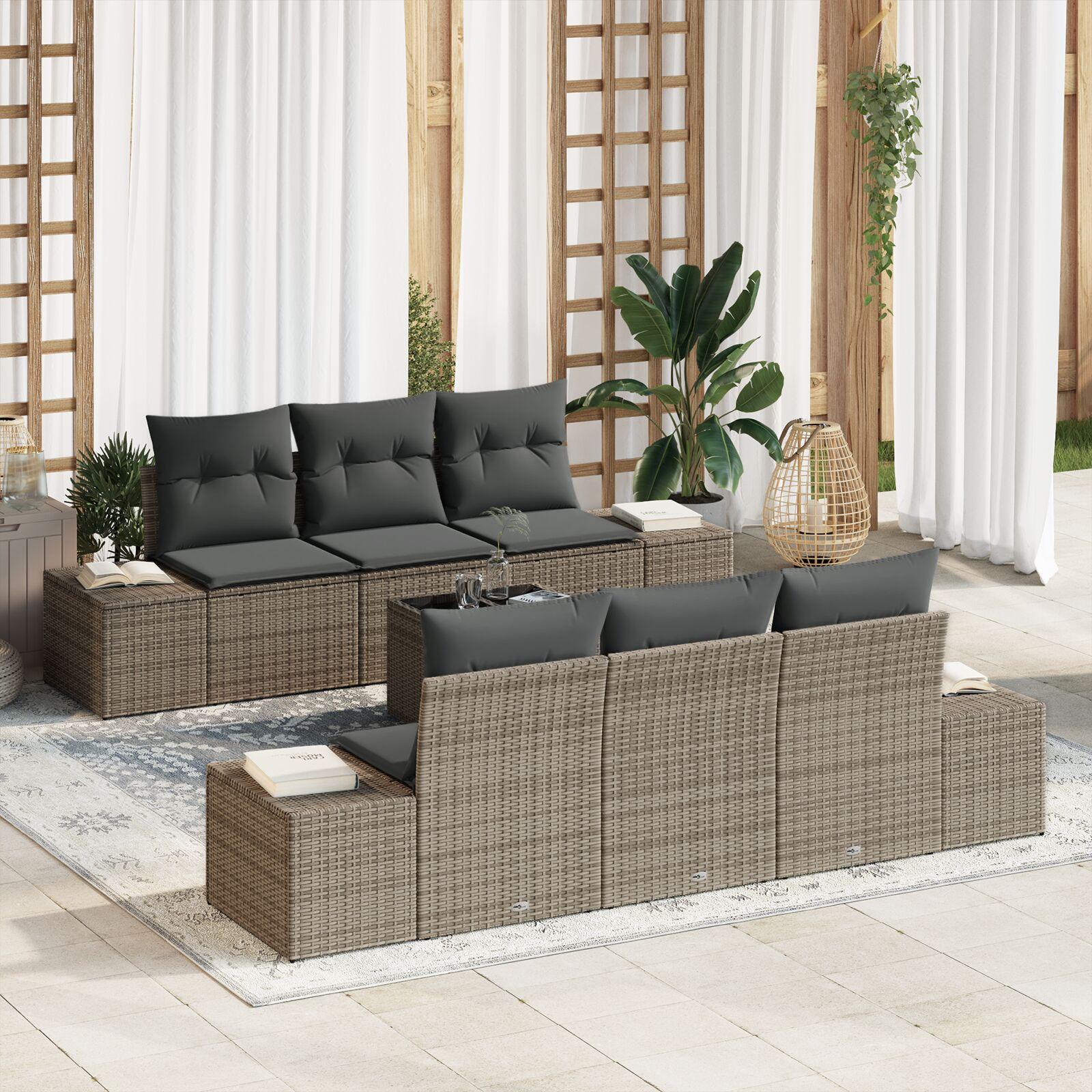 Havesofa sæt i grå polyrattan - 7 dele med puder