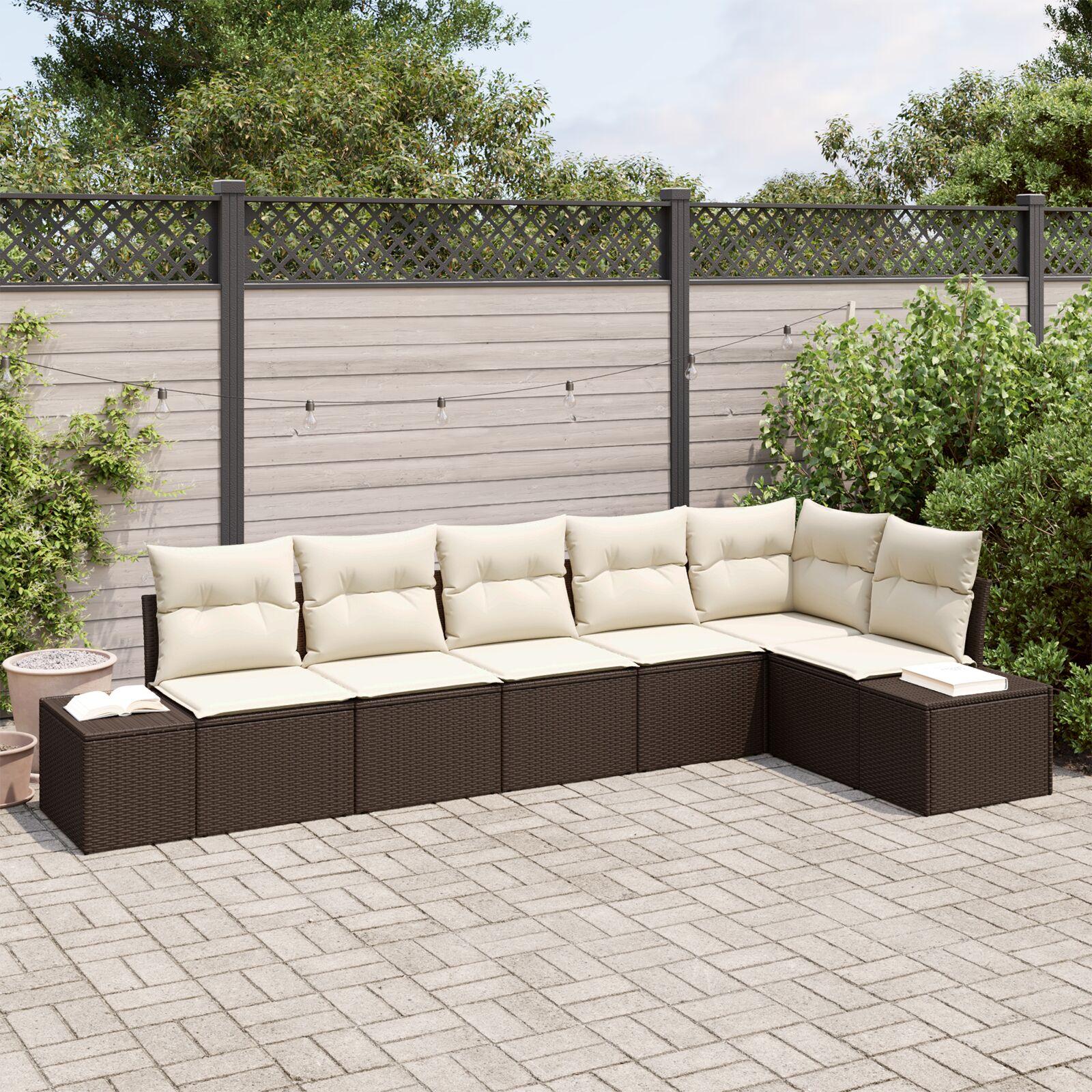 Havesofa Sæt med pude 6 stk Brun og cremefarvet Poly rattan