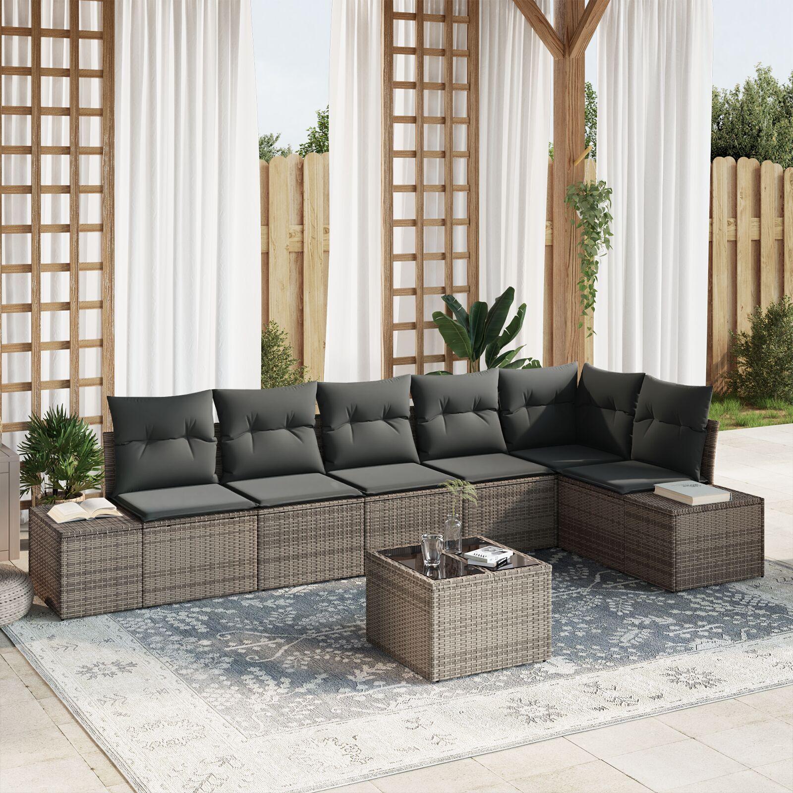Havesofa Sæt med pude 7 stk Grå Poly rattan