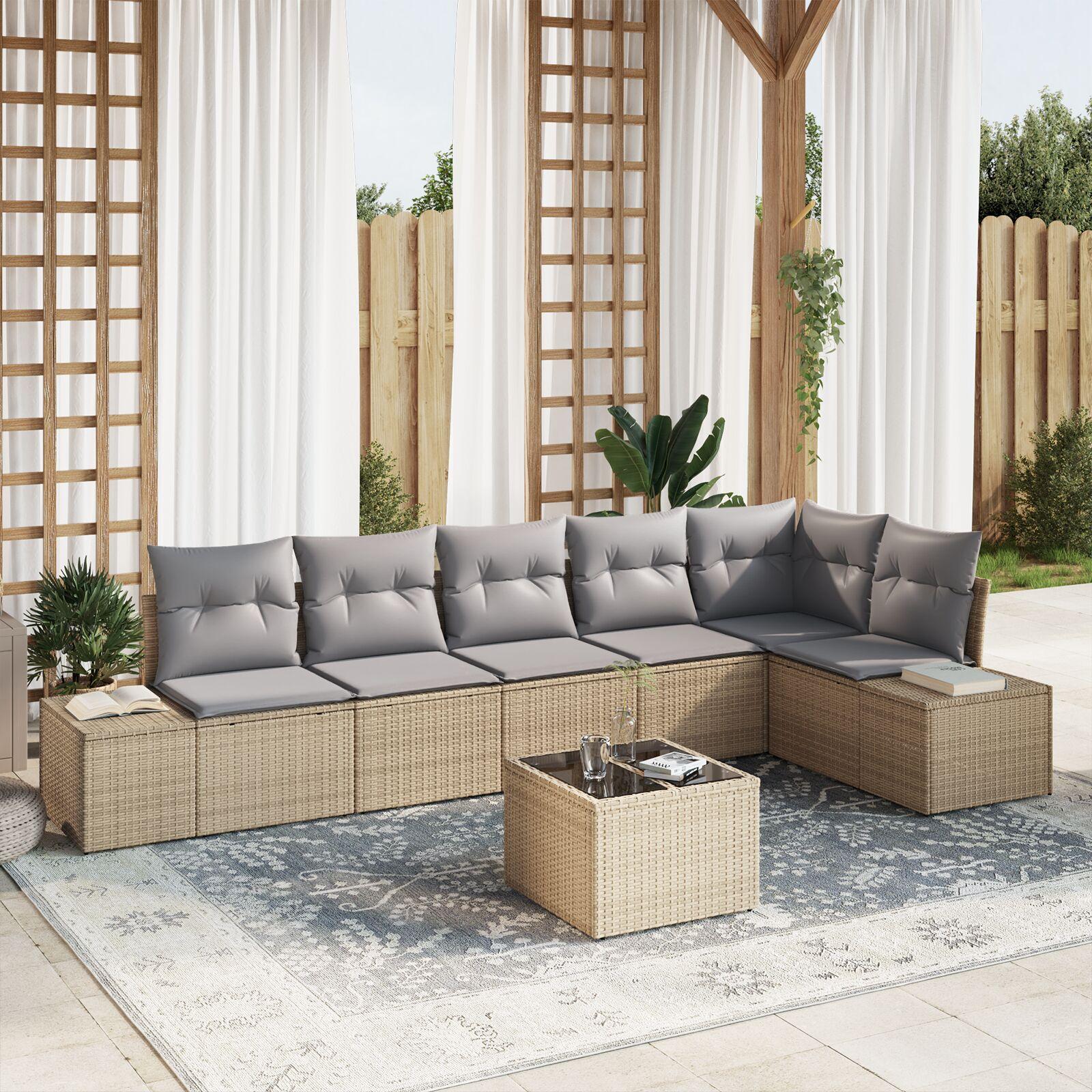 Havesofa Sæt med pude 7 stk beige og grå Poly rattan